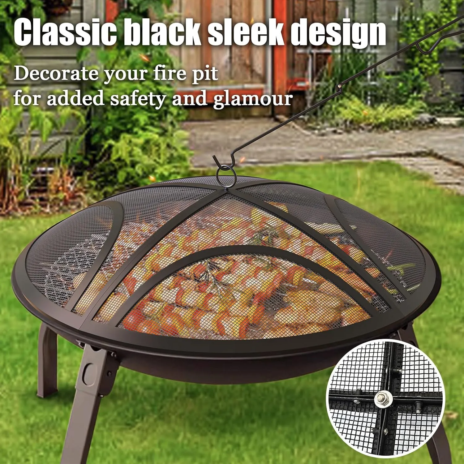 Fire Pit Spark Screen, Upgraded 36 Inch Outdoor Fire Pit Screen with Handle & Poker, Heavy-Duty Steel Fire Pit Cover Round Mesh Replacement Firepit Screen for Backyard/Beach/RV Camping