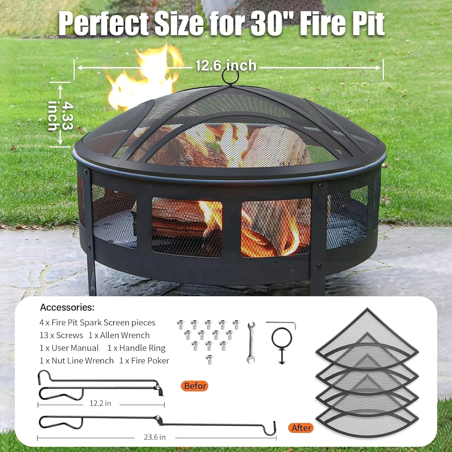 Fire Pit Spark Screen, Upgraded 36 Inch Outdoor Fire Pit Screen with Handle & Poker, Heavy-Duty Steel Fire Pit Cover Round Mesh Replacement Firepit Screen for Backyard/Beach/RV Camping