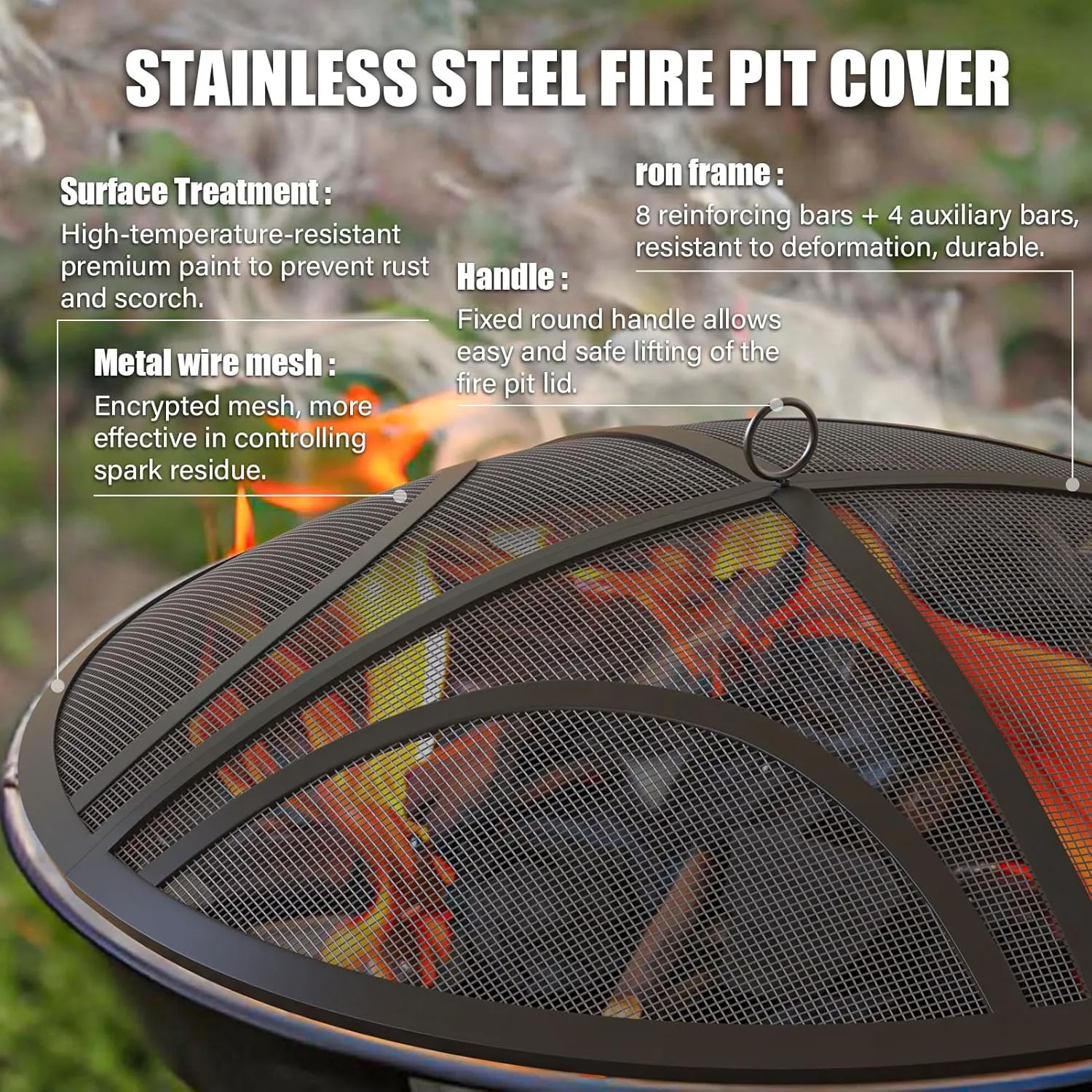 Fire Pit Spark Screen, Upgraded 36 Inch Outdoor Fire Pit Screen with Handle & Poker, Heavy-Duty Steel Fire Pit Cover Round Mesh Replacement Firepit Screen for Backyard/Beach/RV Camping