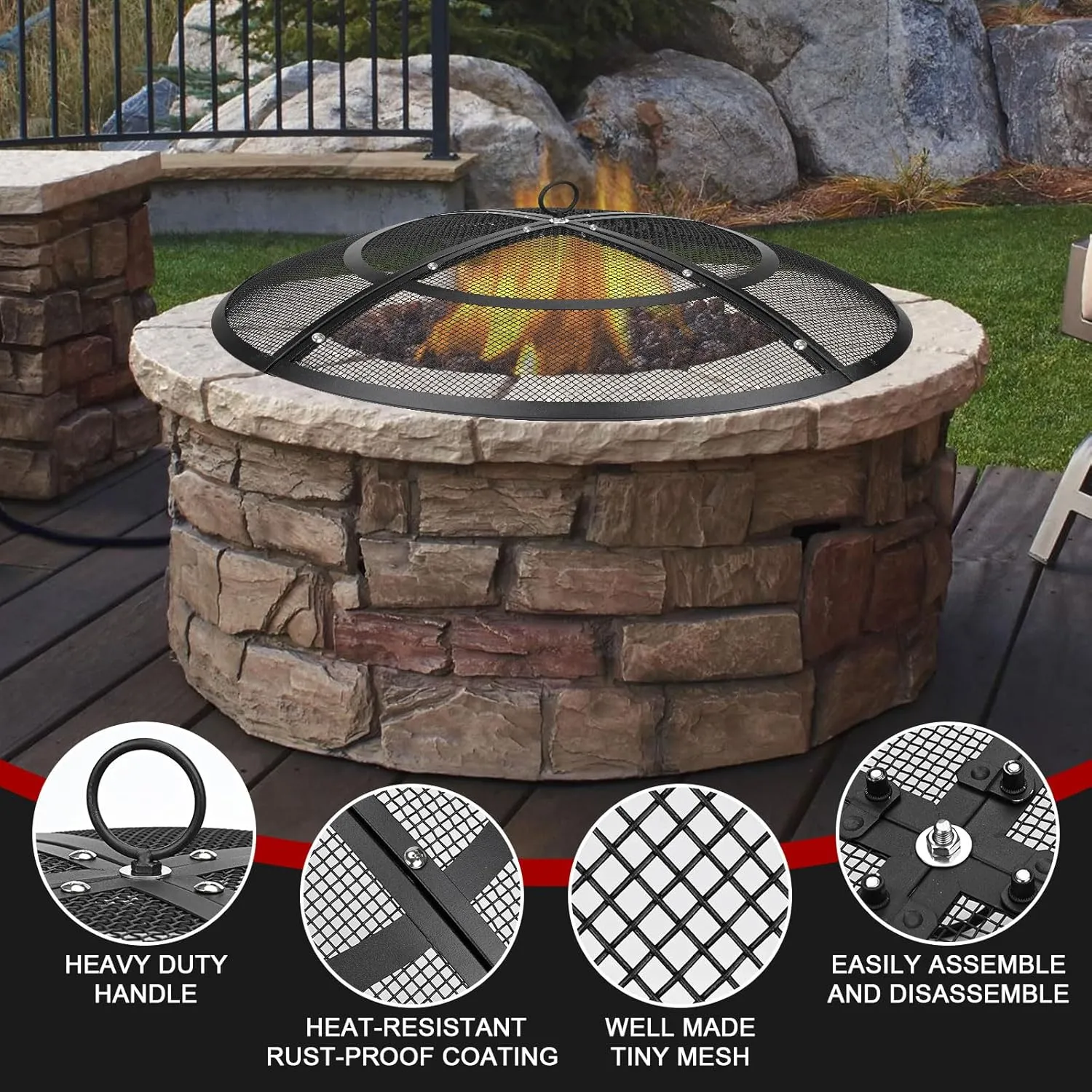 Fire Pit Spark Screen,30 Inch Fire Pit Screen Cover Outdoor with Handle&Poker,Firepit Screens Round Cover Mesh Replacement Heavy-Duty Steel Fire Pit Covert for Backyard/Beach/RV Camping