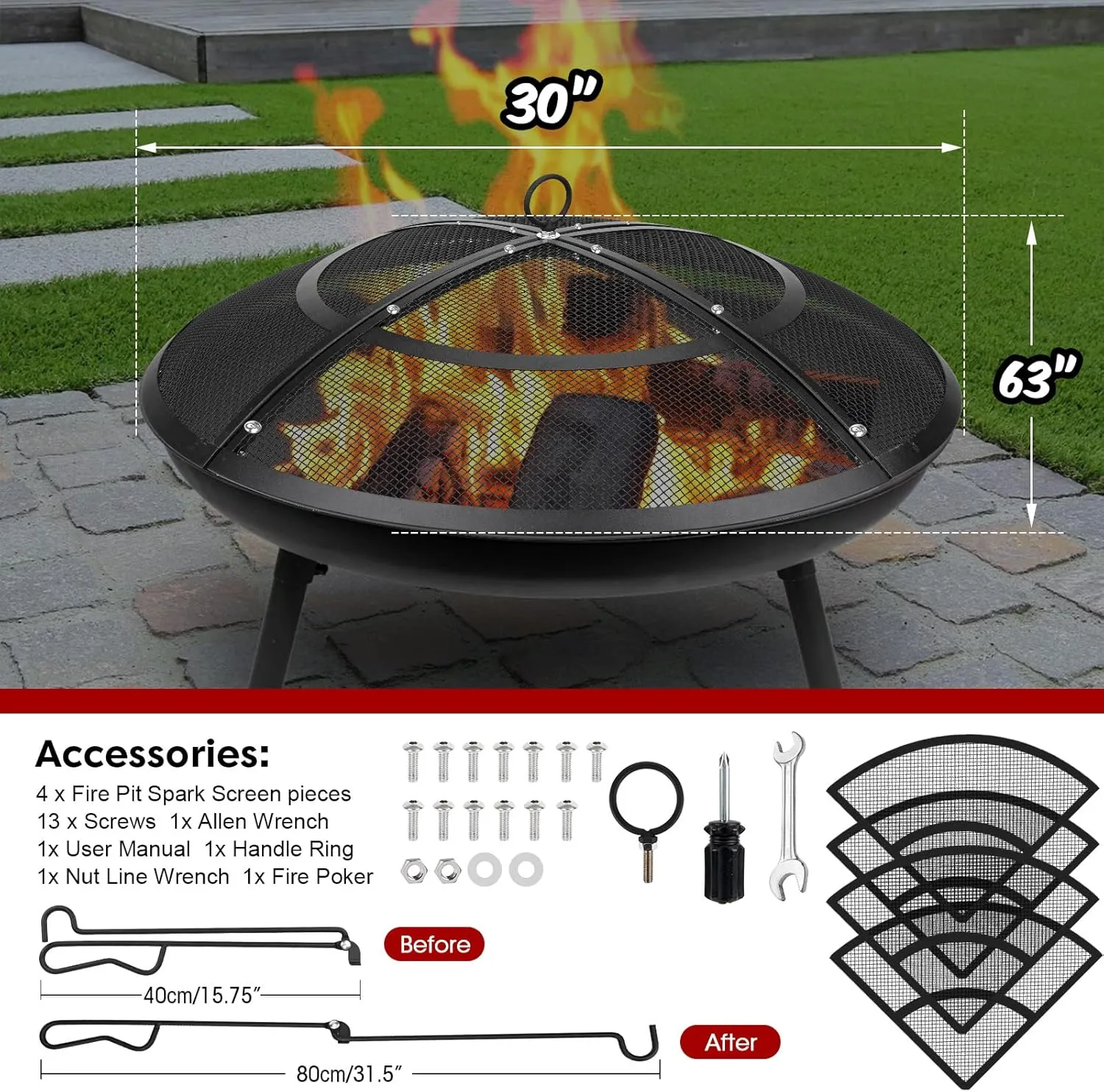 Fire Pit Spark Screen,30 Inch Fire Pit Screen Cover Outdoor with Handle&Poker,Firepit Screens Round Cover Mesh Replacement Heavy-Duty Steel Fire Pit Covert for Backyard/Beach/RV Camping