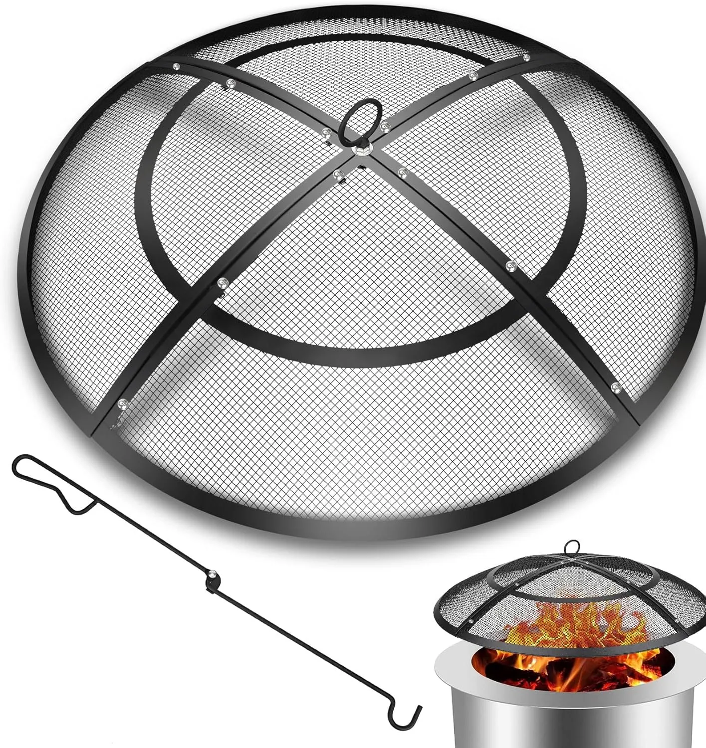 Fire Pit Spark Screen,30 Inch Fire Pit Screen Cover Outdoor with Handle&Poker,Firepit Screens Round Cover Mesh Replacement Heavy-Duty Steel Fire Pit Covert for Backyard/Beach/RV Camping