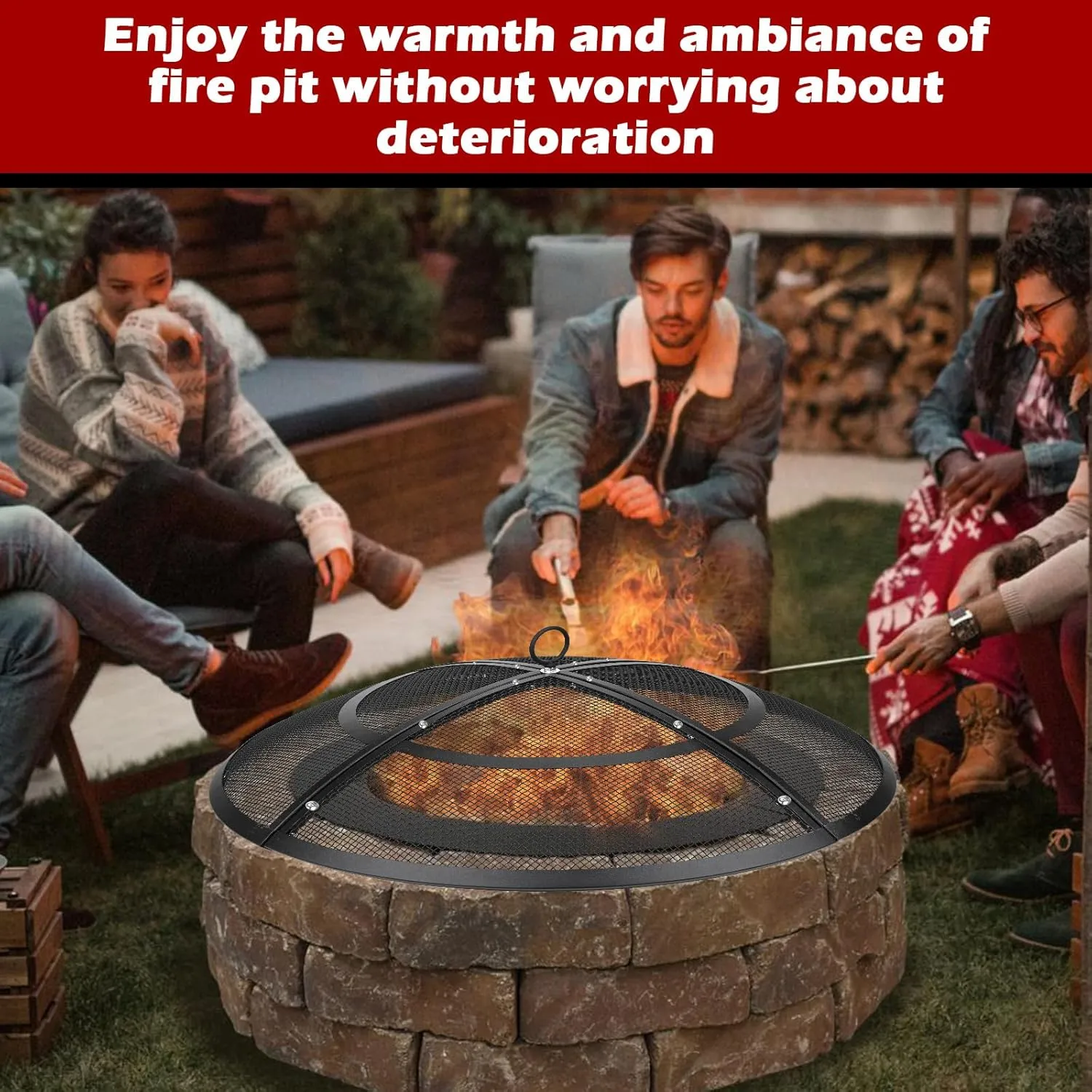 Fire Pit Spark Screen,30 Inch Fire Pit Screen Cover Outdoor with Handle&Poker,Firepit Screens Round Cover Mesh Replacement Heavy-Duty Steel Fire Pit Covert for Backyard/Beach/RV Camping