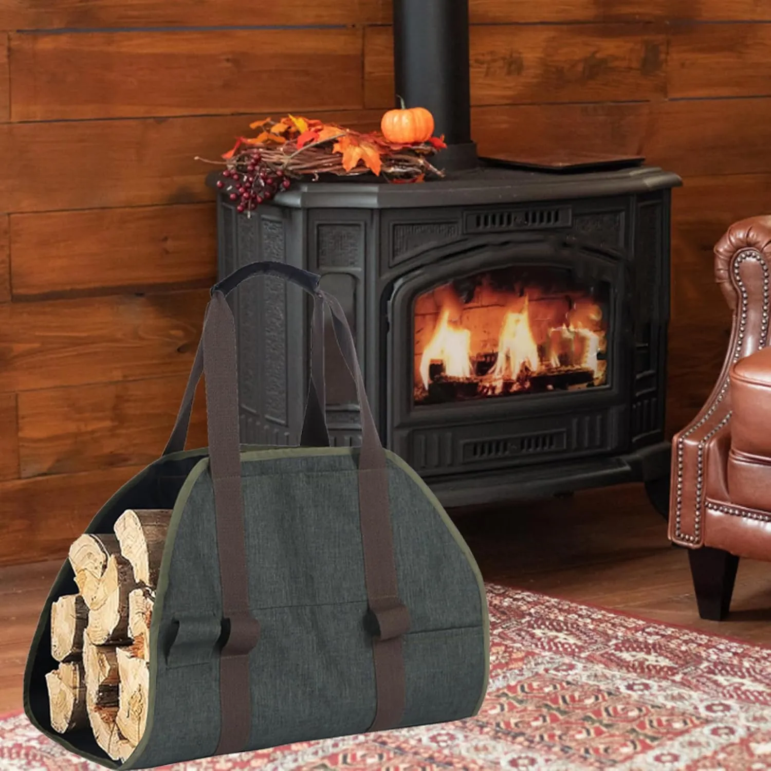 Fireplace Carrier Tote Bag - Wood Carring Bag,for Camping Indoor Firewood Logs Tote，Green