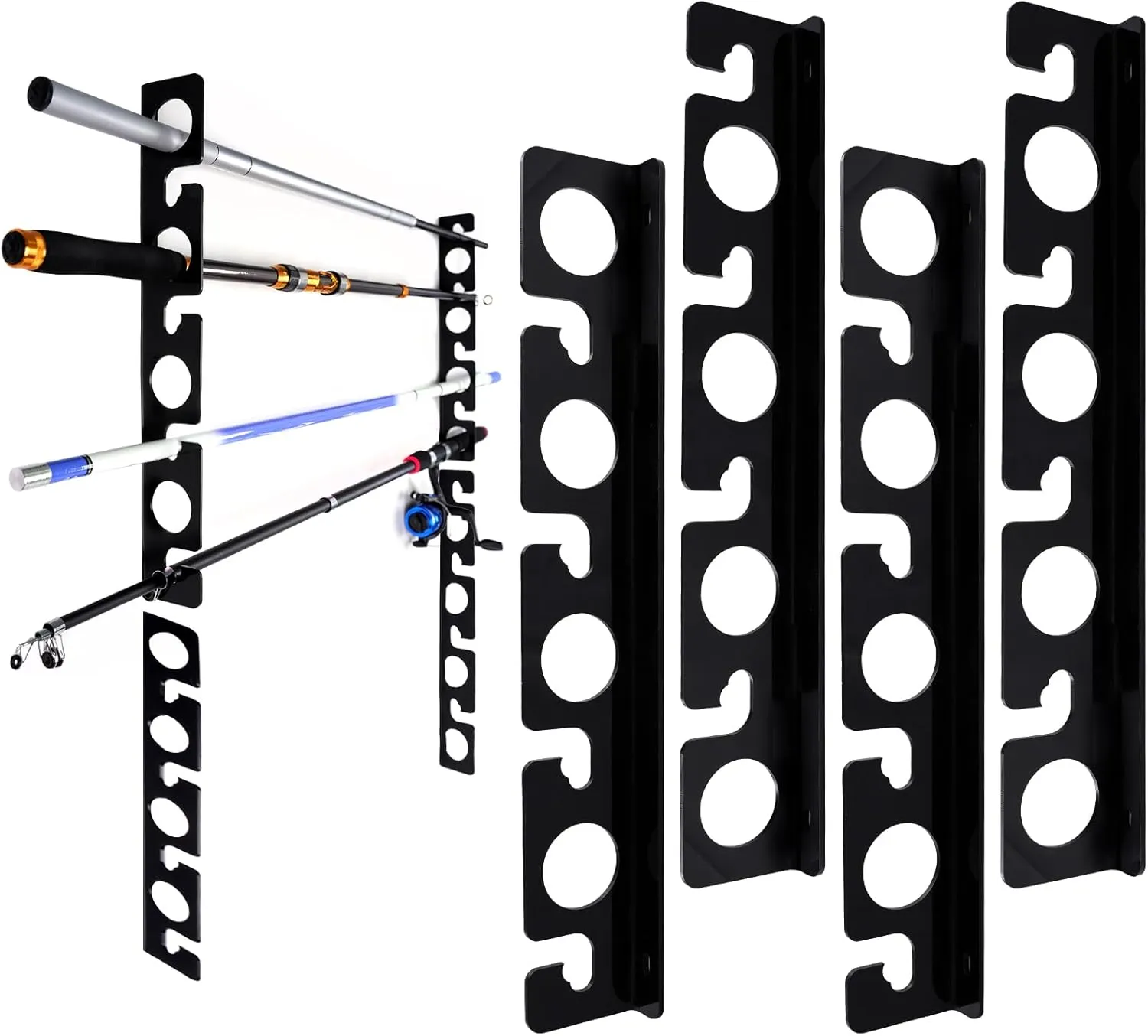 Fishing Rod Holder for Garage, Wall or Ceiling Mount - Acrylic Horizontal Fishing Pole Holders, Holds 5/10 Rods & Combos with Nets - Space-saving Rod Storage Organizer for Home, Basement, Cabin