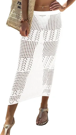 Fisoew Womens Crochet Skirt Cover Up High Waist Sheer Mesh Beach Maxi Skirts Hollow Out Knit Swimsuit Coverups