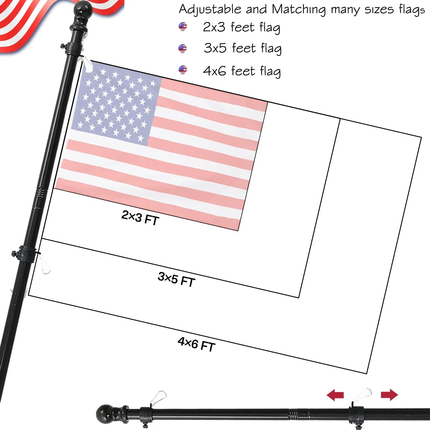 Flag Pole Kit - 6FT Flagpole Kit for American Flag - 3x5, 4x6 Flag Heavy Garden flagpole-Professional Metal Flag Pole for House Garden Yard Residential or Commercial Two-Position Bracket Black