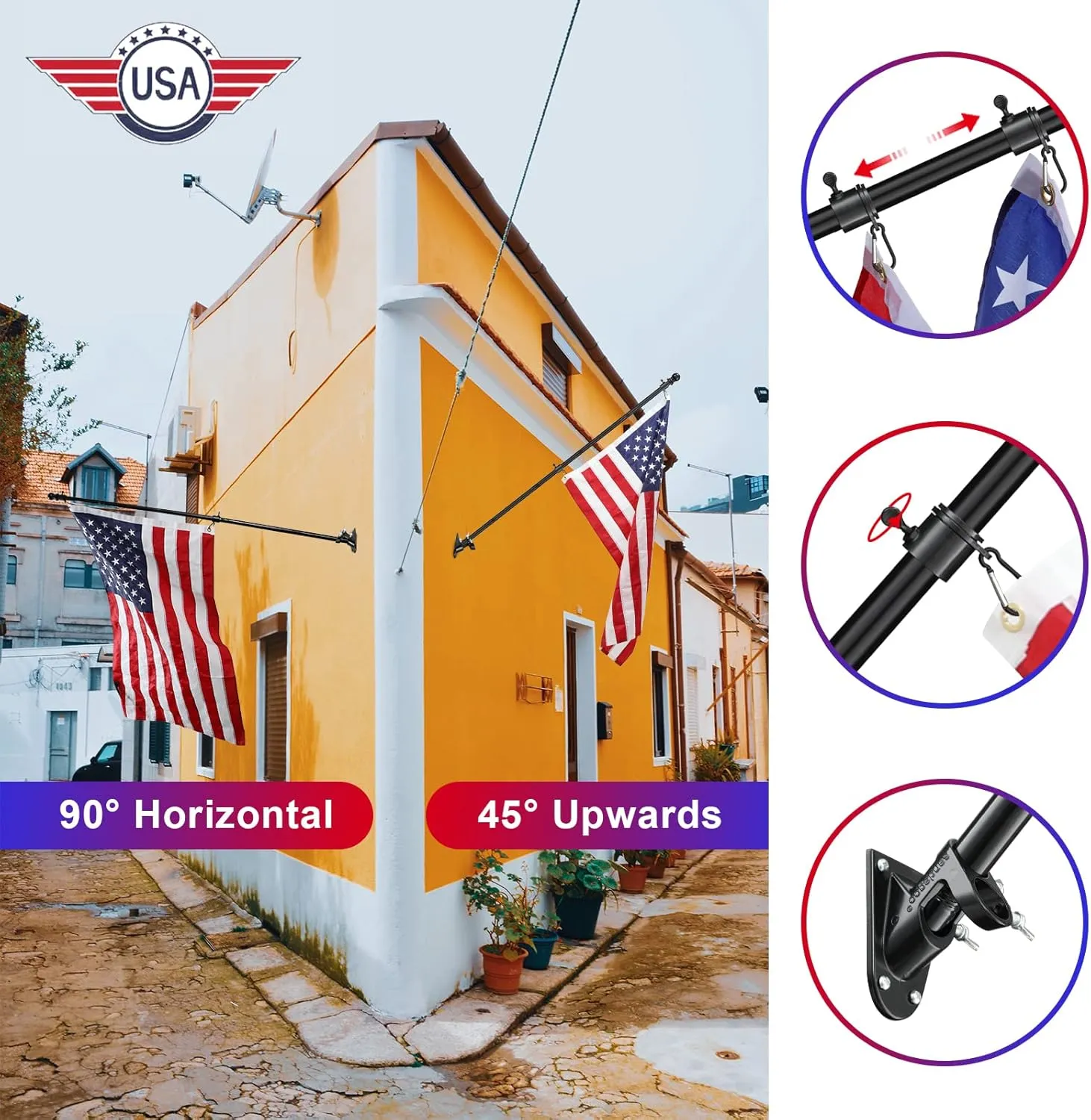 Flag Pole Kit - 6FT Flagpole Kit for American Flag - 3x5, 4x6 Flag Heavy Garden flagpole-Professional Metal Flag Pole for House Garden Yard Residential or Commercial Two-Position Bracket Black