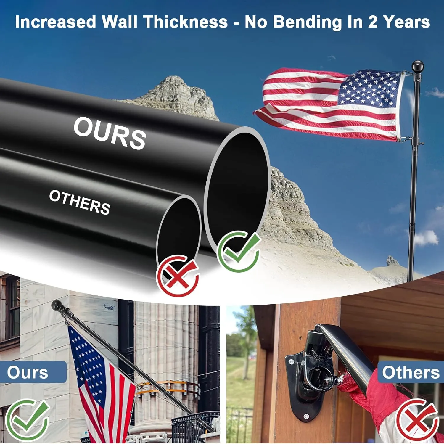Flag Pole Kit - 6FT Flagpole Kit for American Flag - 3x5, 4x6 Flag Heavy Garden flagpole-Professional Metal Flag Pole for House Garden Yard Residential or Commercial Two-Position Bracket Black