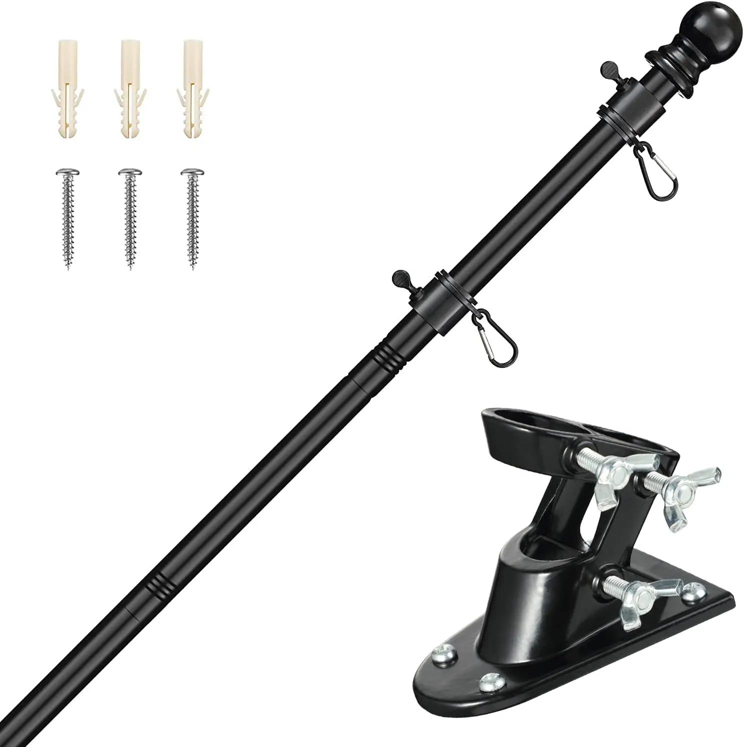 Flag Pole Kit - 6FT Flagpole Kit for American Flag - 3x5, 4x6 Flag Heavy Garden flagpole-Professional Metal Flag Pole for House Garden Yard Residential or Commercial Two-Position Bracket Black