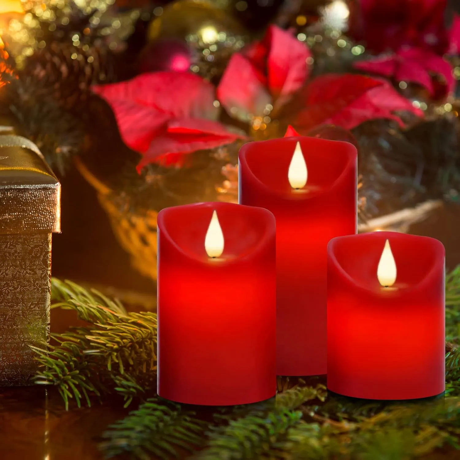 Flameless Battery Operated Flickering Candles:3PACK Red Real Wax Pillar Candle,Electric LED Candle with 10-Key Remote Control and 24 Hours Timer for Home Decoration Holiday Party