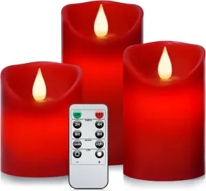 Flameless Battery Operated Flickering Candles:3PACK Red Real Wax Pillar Candle,Electric LED Candle with 10-Key Remote Control and 24 Hours Timer for Home Decoration Holiday Party