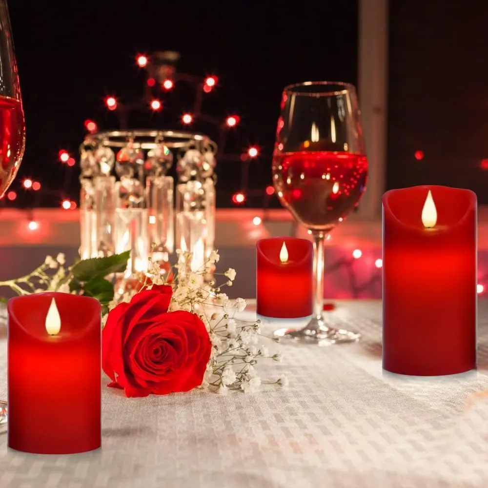 Flameless Battery Operated Flickering Candles:3PACK Red Real Wax Pillar Candle,Electric LED Candle with 10-Key Remote Control and 24 Hours Timer for Home Decoration Holiday Party