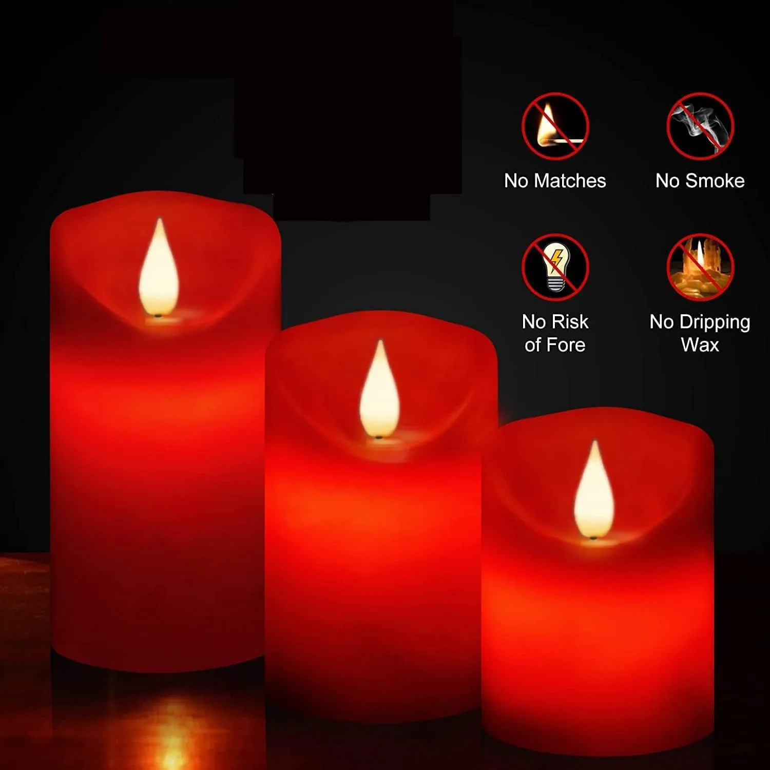 Flameless Battery Operated Flickering Candles:3PACK Red Real Wax Pillar Candle,Electric LED Candle with 10-Key Remote Control and 24 Hours Timer for Home Decoration Holiday Party