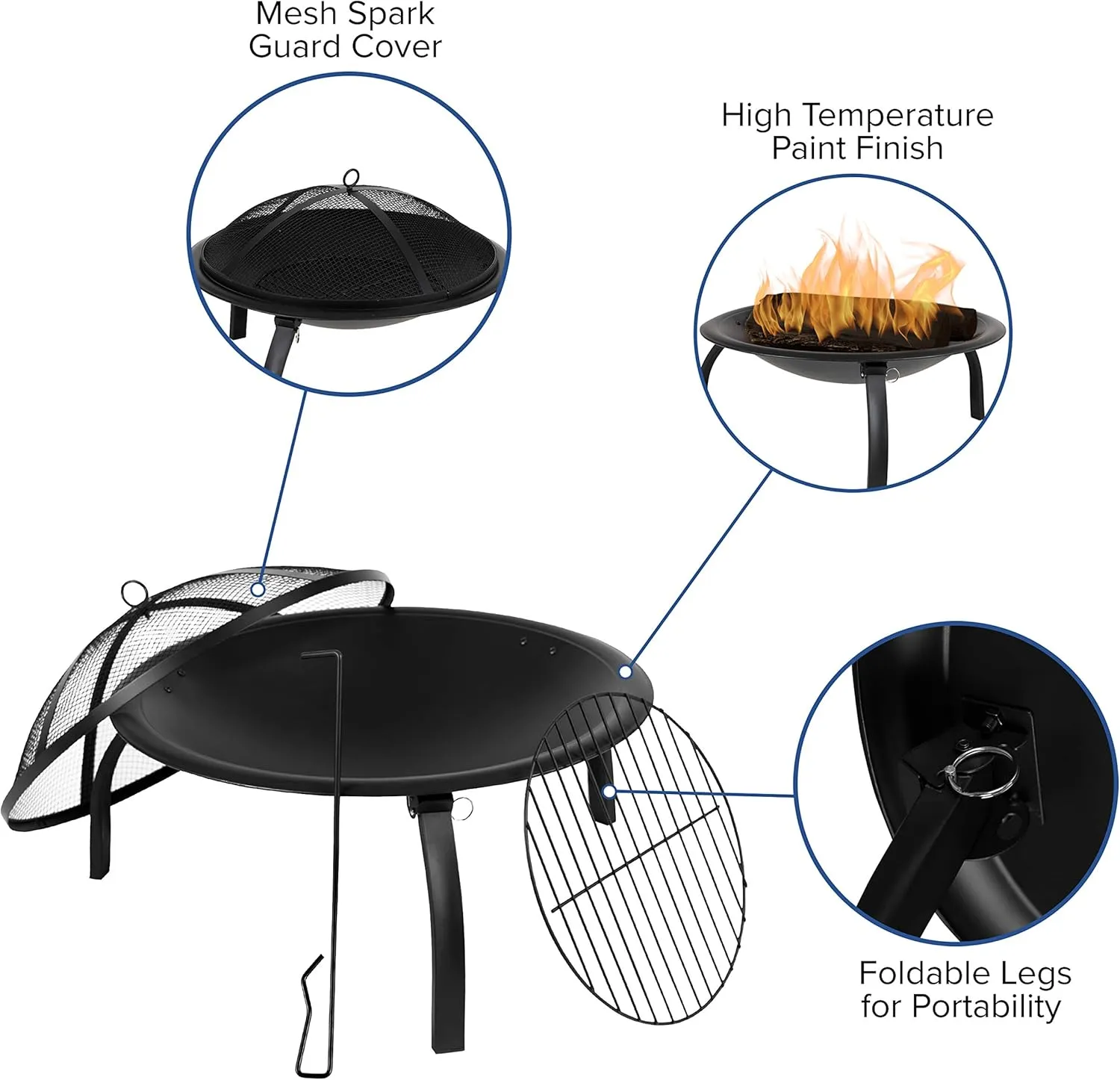 Flash Furniture Chelton 22.5" Foldable Wood Burning Firepit with Mesh Spark Screen and Poker