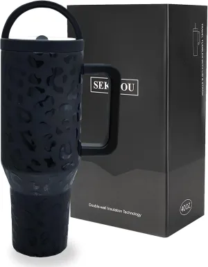 Flip Straw Tumbler 40 OZ, Stainless Steel Tumbler with Straw, Leak Proof Lid and Top Handle, Reusable Insulated Cup for Home, Outdoors, Leakproof, Fits in Cup Holder (Black Leopard)