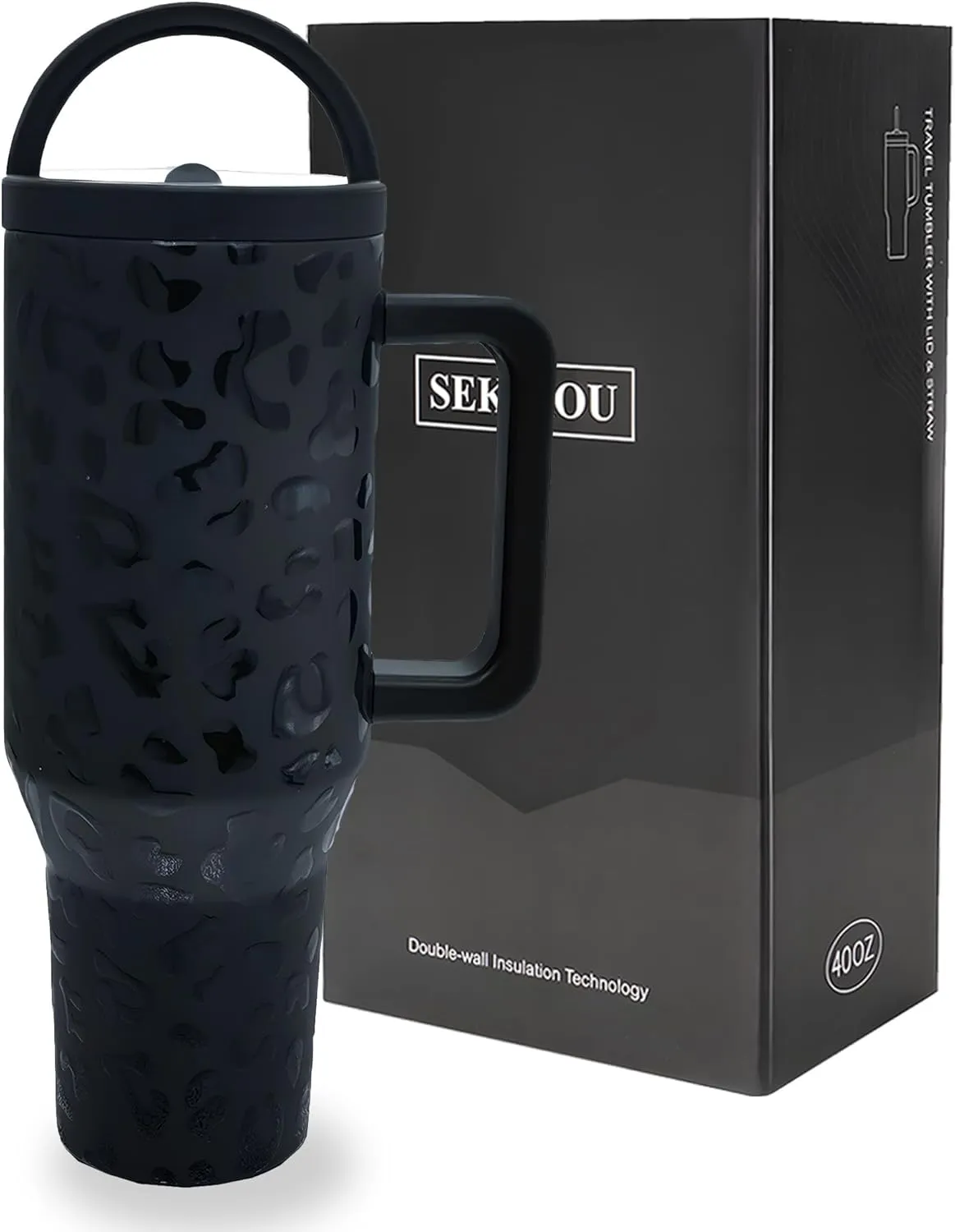 Flip Straw Tumbler 40 OZ, Stainless Steel Tumbler with Straw, Leak Proof Lid and Top Handle, Reusable Insulated Cup for Home, Outdoors, Leakproof, Fits in Cup Holder (Black Leopard)