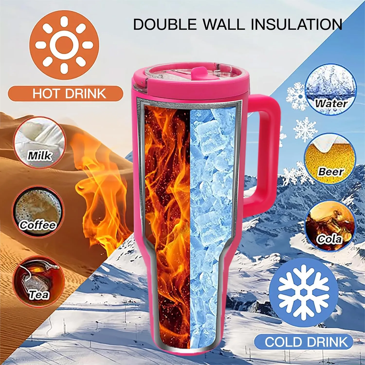 Flip Straw Tumbler 40 OZ, Stainless Steel Tumbler with Straw, Leak Proof Lid and Top Handle, Reusable Insulated Cup for Home, Outdoors, Leakproof, Fits in Cup Holder (Black Leopard)