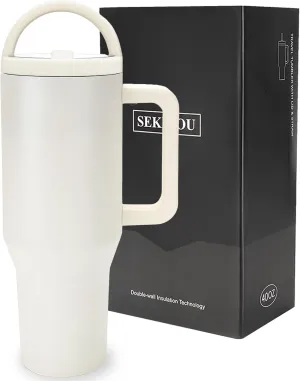 Flip Straw Tumbler 40 OZ, Stainless Steel Tumbler with Straw, Leak Proof Lid and Top Handle, Reusable Insulated Cup for Home, Outdoors, Leakproof, Fits in Cup Holder (Cream White)