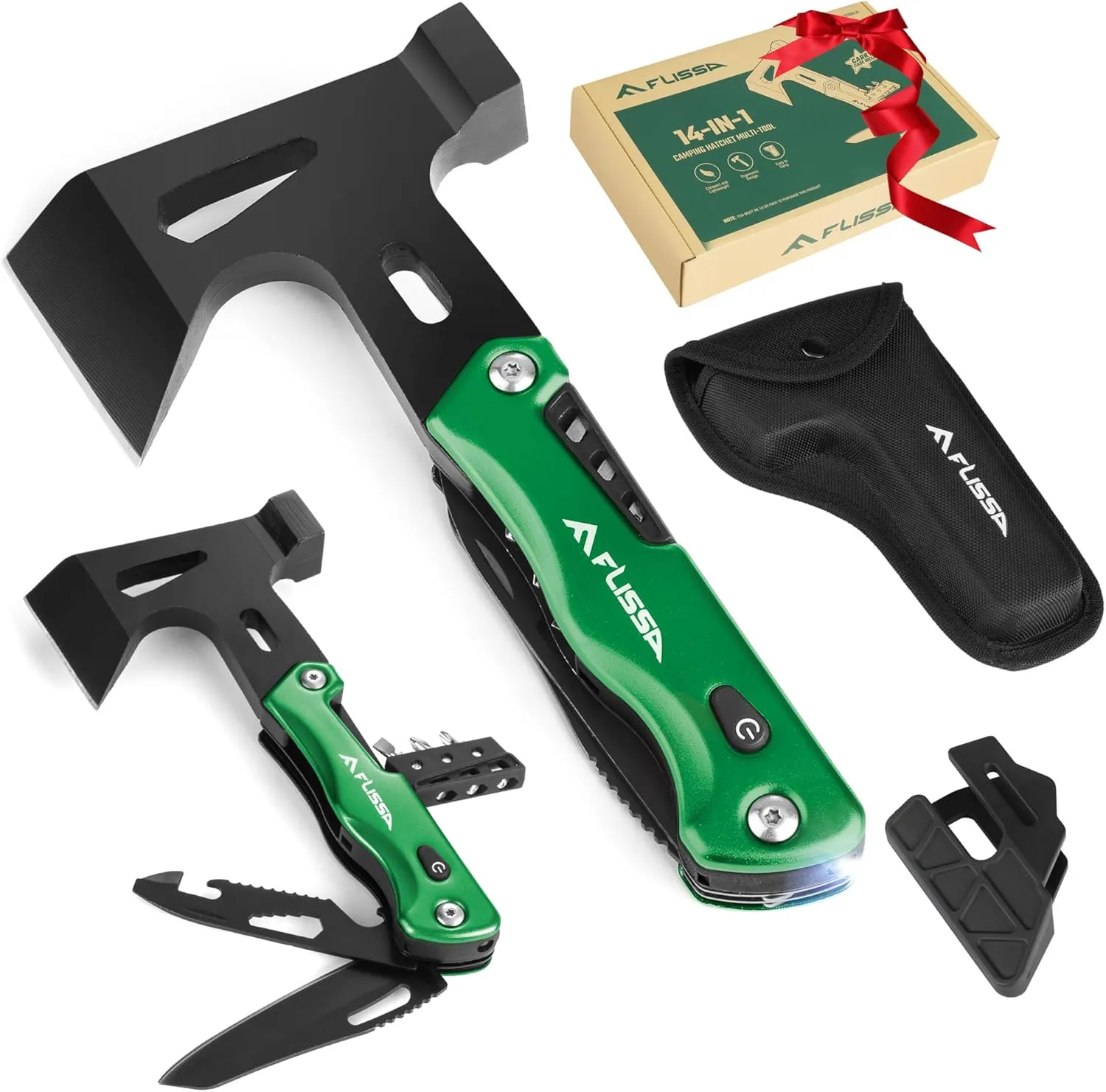 FLISSA Camping Axe Hammer 14-in-1 Multitool, Gift for Dad, Hatchet Multi Tool Stainless Steel with LED Light, EDC Hiking Survival Multi Function Tool Pocket Knife with Sheath