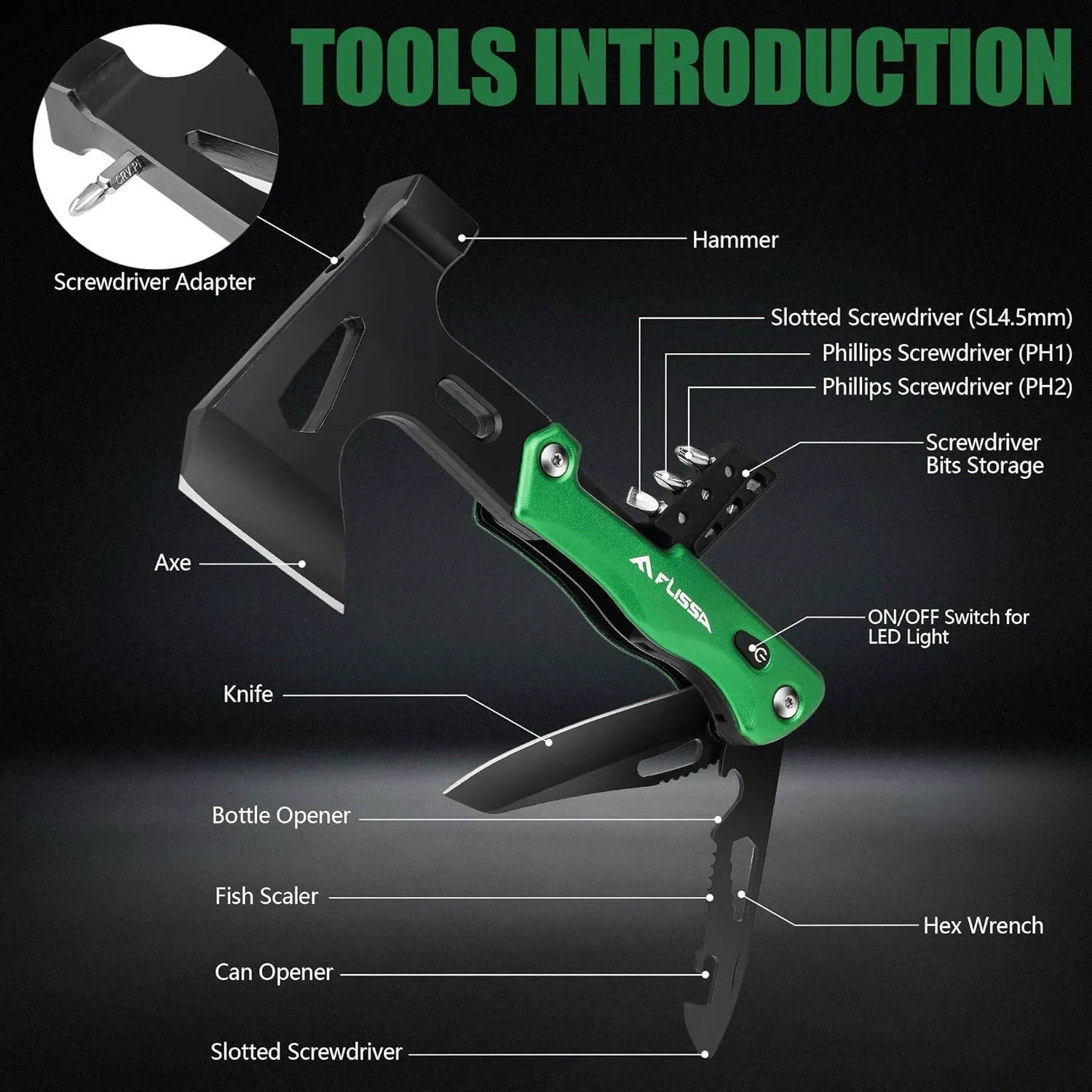 FLISSA Camping Axe Hammer 14-in-1 Multitool, Gift for Dad, Hatchet Multi Tool Stainless Steel with LED Light, EDC Hiking Survival Multi Function Tool Pocket Knife with Sheath
