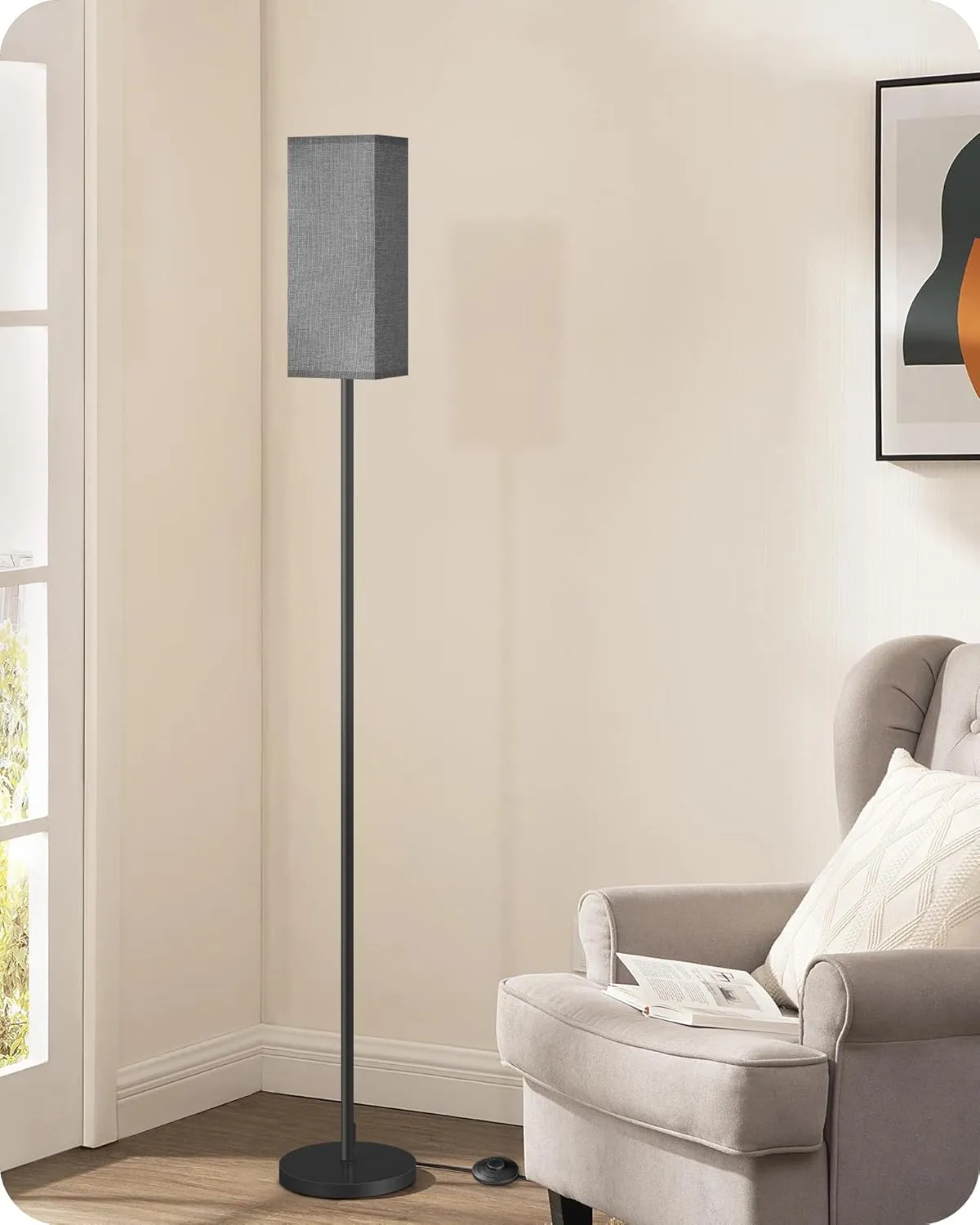 Floor Lamp, Pole Lamp with Foot Switch, Modern Standing Lamp Lampshade, Minimalist Freestanding Lamp (Bulb Not Included), for Living Room, Bedroom Office FCC Listed, Black and Gray H07LD05