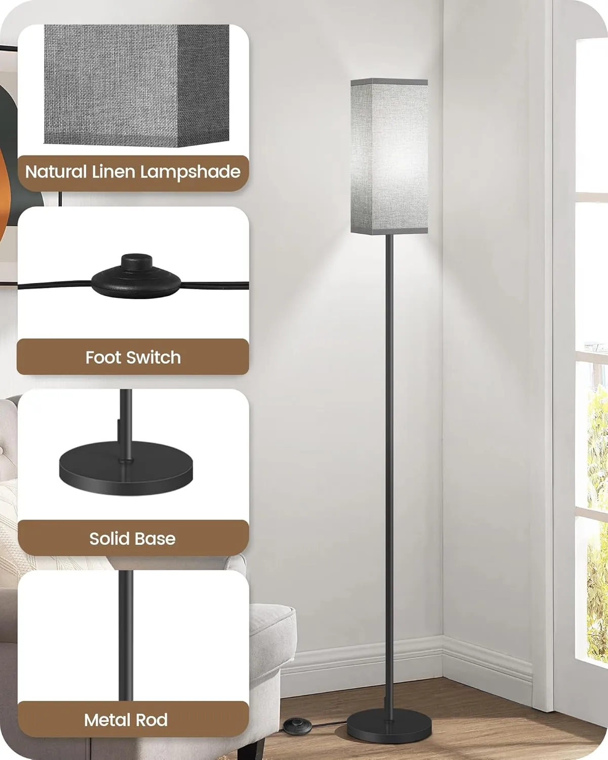 Floor Lamp, Pole Lamp with Foot Switch, Modern Standing Lamp Lampshade, Minimalist Freestanding Lamp (Bulb Not Included), for Living Room, Bedroom Office FCC Listed, Black and Gray H07LD05