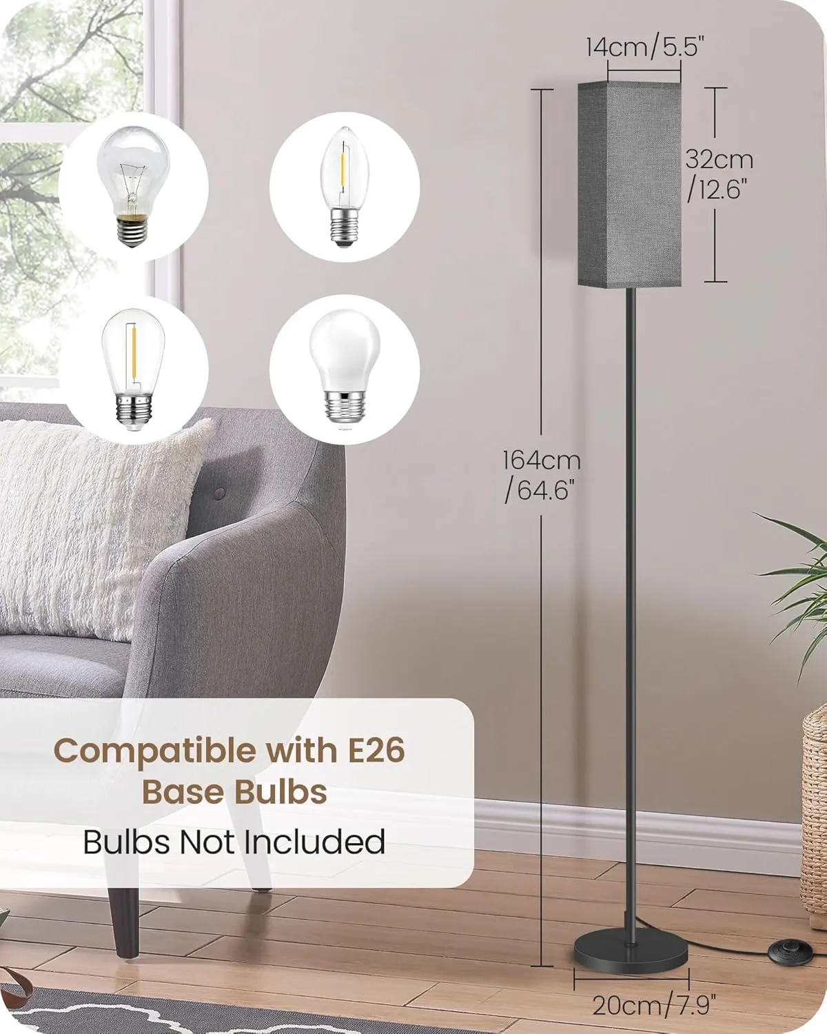 Floor Lamp, Pole Lamp with Foot Switch, Modern Standing Lamp Lampshade, Minimalist Freestanding Lamp (Bulb Not Included), for Living Room, Bedroom Office FCC Listed, Black and Gray H07LD05