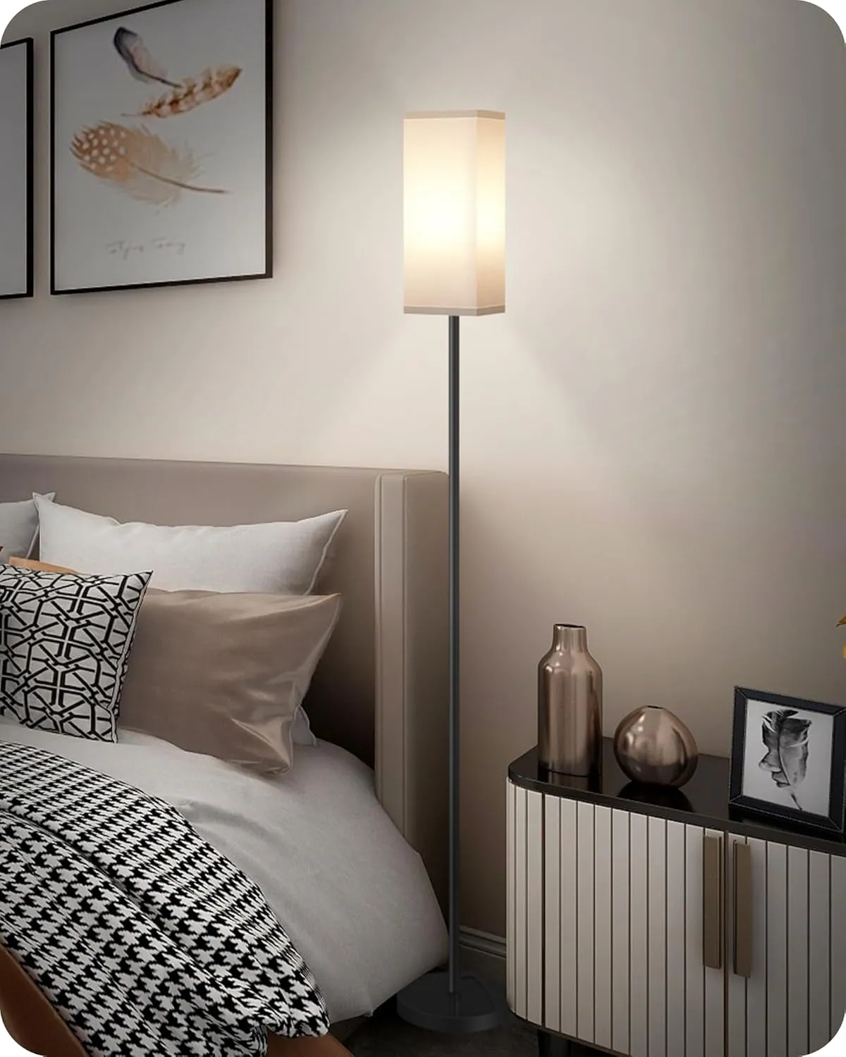 Floor Lamp, Pole Lamp with Foot Switch, Modern Standing Lamp Shade, Minimalist Freestanding Lamp (Bulb Not Included), for Living Room, Bedroom Office FCC Listed, Black and White CW07LD05