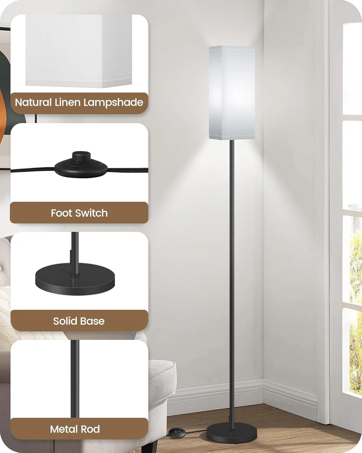 Floor Lamp, Pole Lamp with Foot Switch, Modern Standing Lamp Shade, Minimalist Freestanding Lamp (Bulb Not Included), for Living Room, Bedroom Office FCC Listed, Black and White CW07LD05