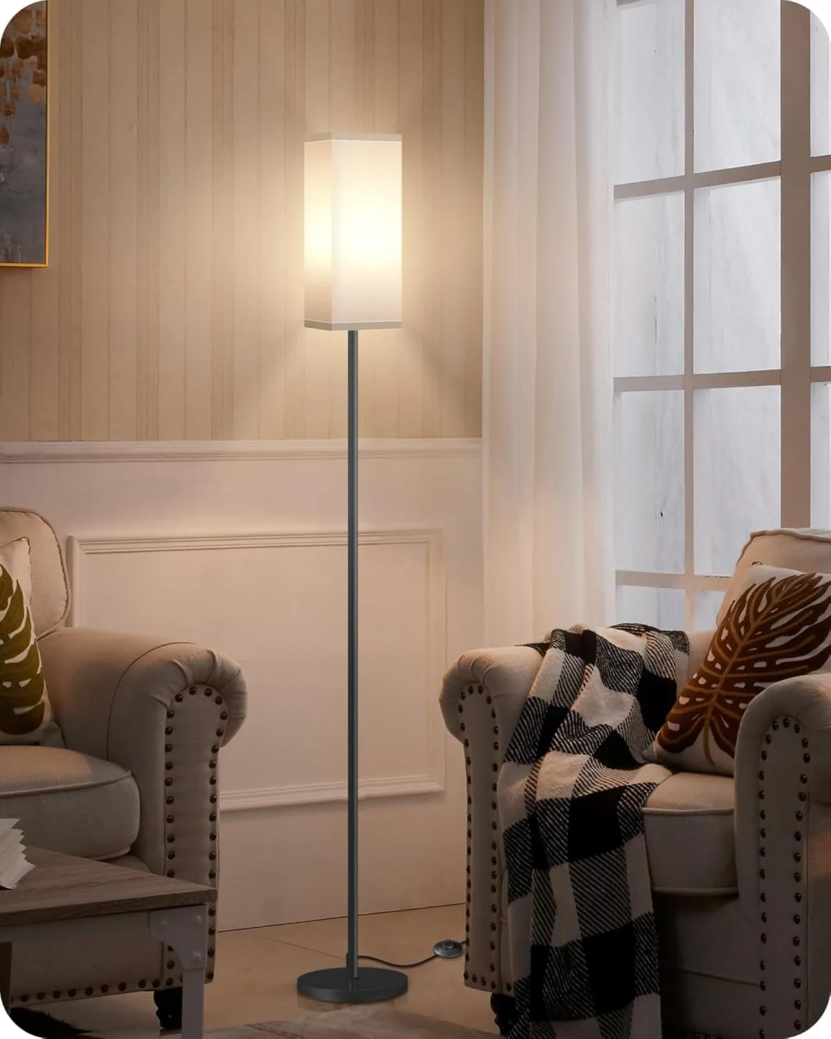 Floor Lamp, Pole Lamp with Foot Switch, Modern Standing Lamp Shade, Minimalist Freestanding Lamp (Bulb Not Included), for Living Room, Bedroom Office FCC Listed, Black and White CW07LD05