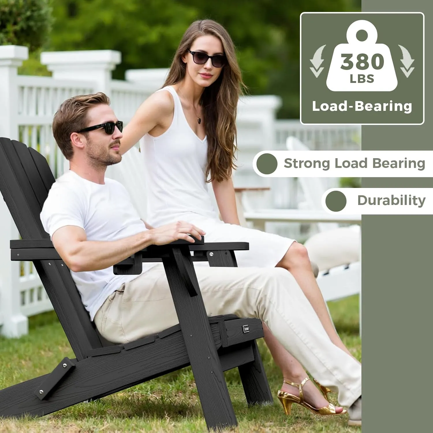 Folding Adirondack Chair with Wood Texture, HDPE All-Weather Fire Pit Chairs, Plastic Adirondack Chairs with 2 Cup Holder, Outdoor Lawn Chair for Patio Garden (Black)