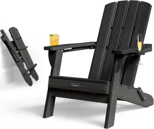 Folding Adirondack Chair with Wood Texture, HDPE All-Weather Fire Pit Chairs, Plastic Adirondack Chairs with 2 Cup Holder, Outdoor Lawn Chair for Patio Garden (Black)
