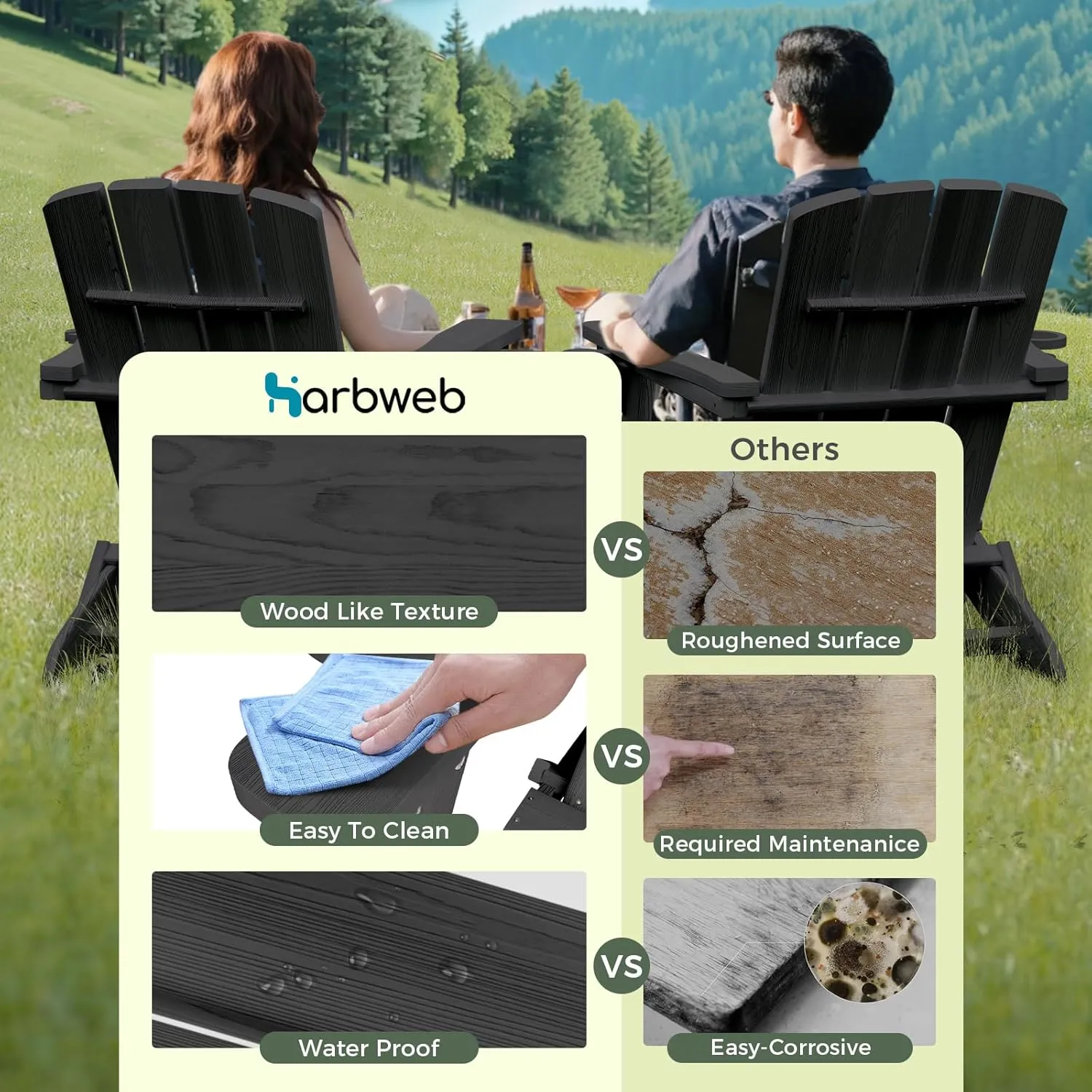 Folding Adirondack Chair with Wood Texture, HDPE All-Weather Fire Pit Chairs, Plastic Adirondack Chairs with 2 Cup Holder, Outdoor Lawn Chair for Patio Garden (Black)