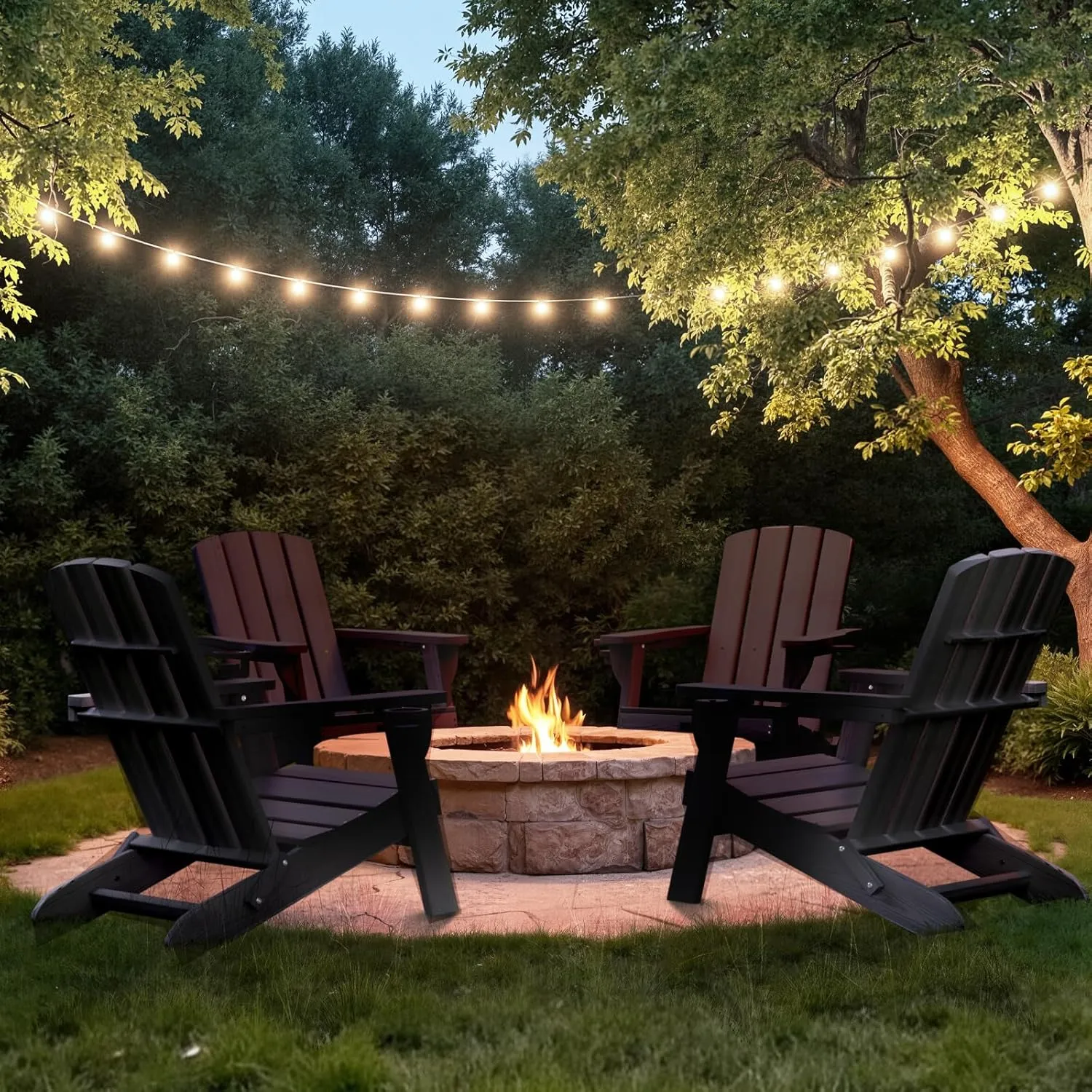 Folding Adirondack Chair with Wood Texture, HDPE All-Weather Fire Pit Chairs, Plastic Adirondack Chairs with 2 Cup Holder, Outdoor Lawn Chair for Patio Garden (Black)