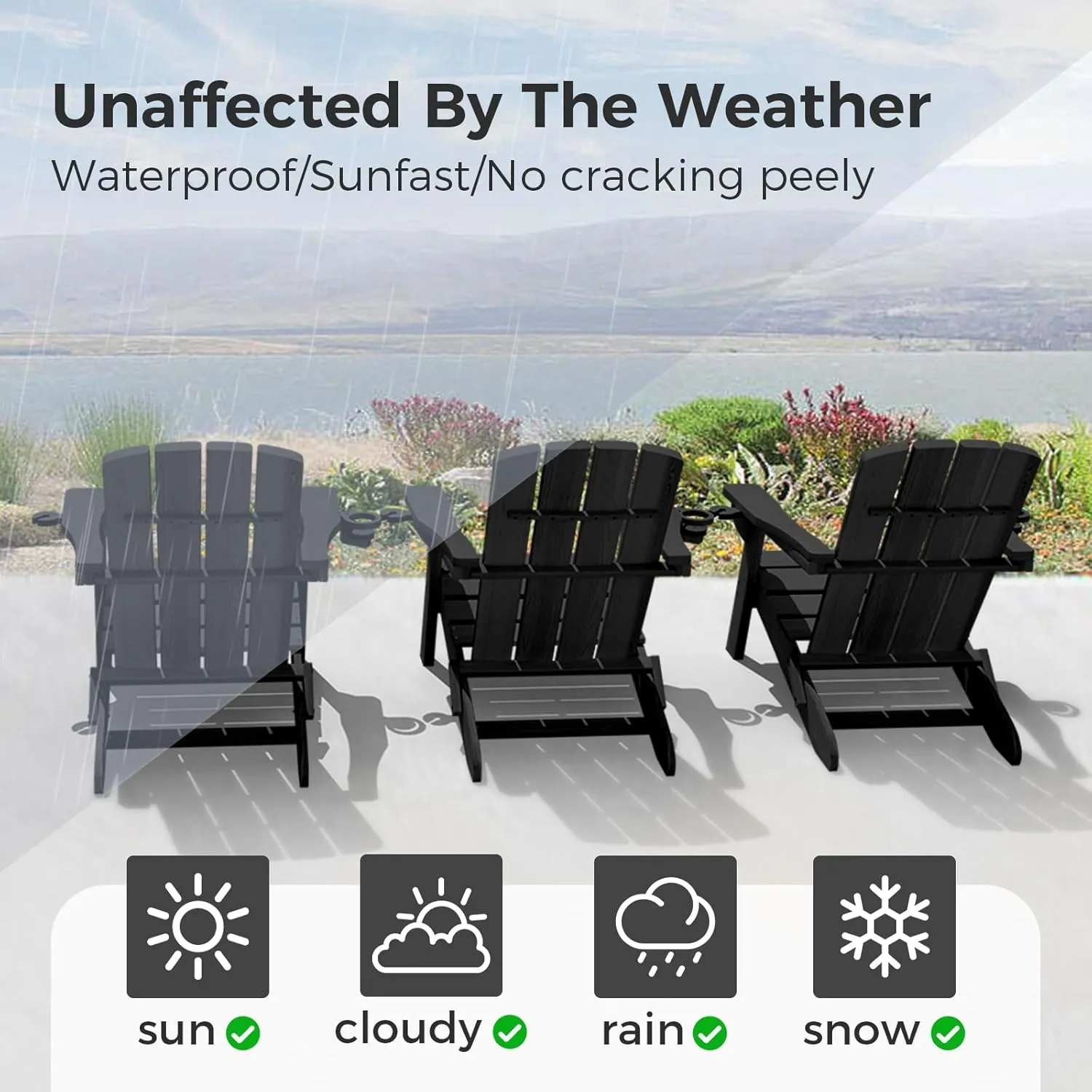 Folding Adirondack Chair with Wood Texture, HDPE All-Weather Fire Pit Chairs, Plastic Adirondack Chairs with 2 Cup Holder, Outdoor Lawn Chair for Patio Garden (Black)