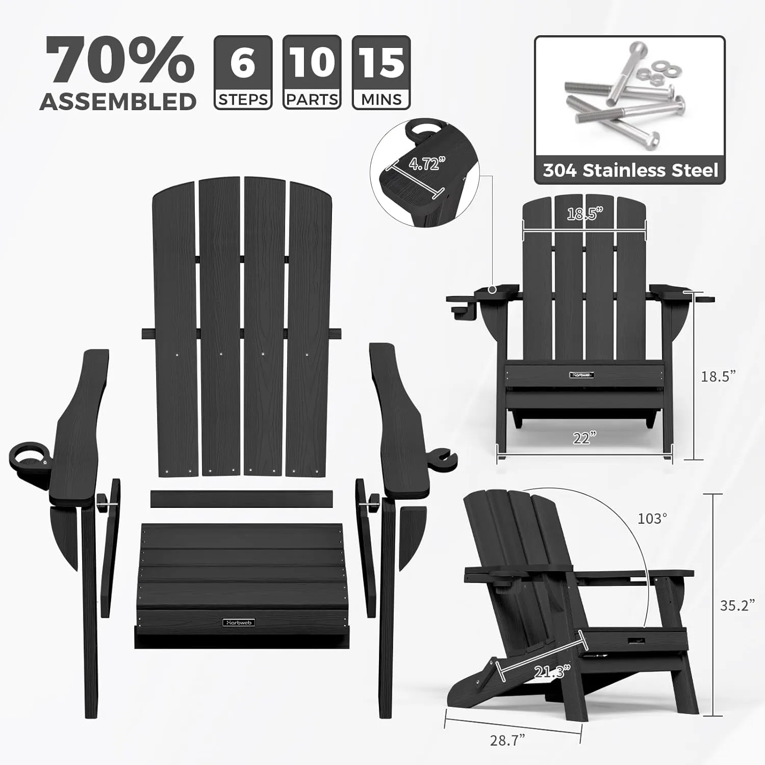 Folding Adirondack Chair with Wood Texture, HDPE All-Weather Fire Pit Chairs, Plastic Adirondack Chairs with 2 Cup Holder, Outdoor Lawn Chair for Patio Garden (Black)