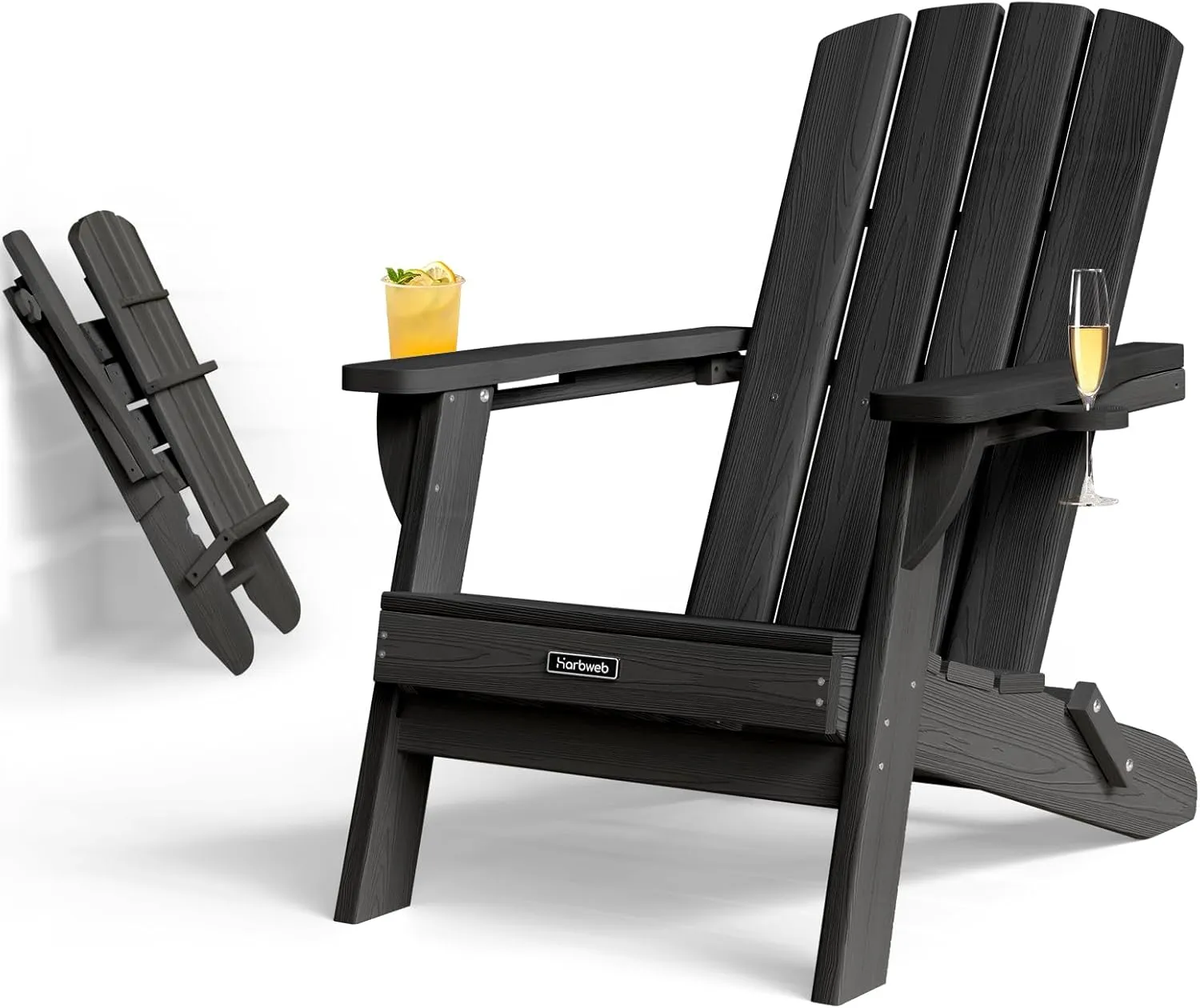 Folding Adirondack Chair with Wood Texture, HDPE All-Weather Fire Pit Chairs, Plastic Adirondack Chairs with 2 Cup Holder, Outdoor Lawn Chair for Patio Garden (Black)