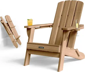 Folding Adirondack Chair with Wood Texture, HDPE All-Weather Fire Pit Chairs, Plastic Adirondack Chairs with 2 Cup Holder, Outdoor Lawn Chair for Patio Garden (Teak)