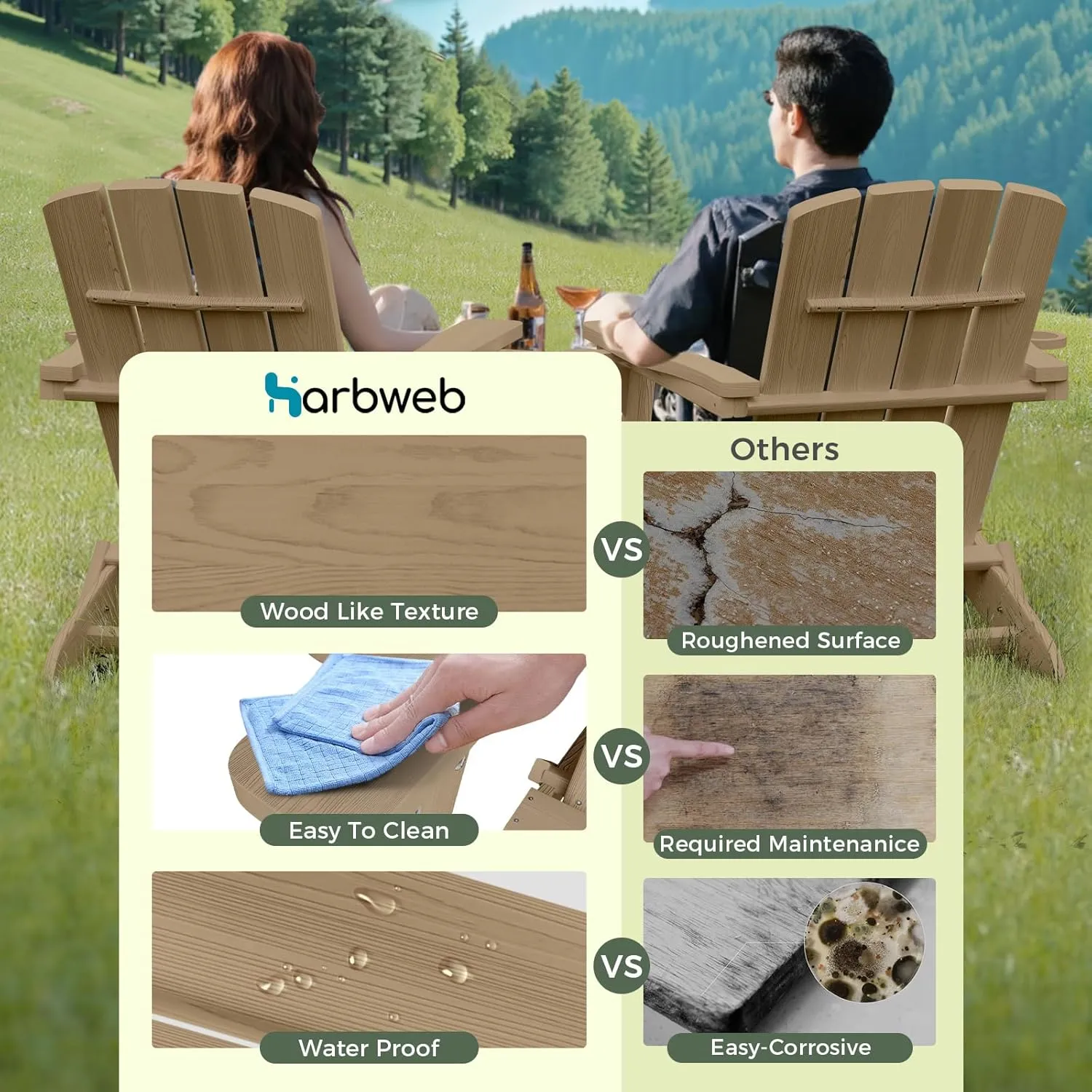 Folding Adirondack Chair with Wood Texture, HDPE All-Weather Fire Pit Chairs, Plastic Adirondack Chairs with 2 Cup Holder, Outdoor Lawn Chair for Patio Garden (Teak)