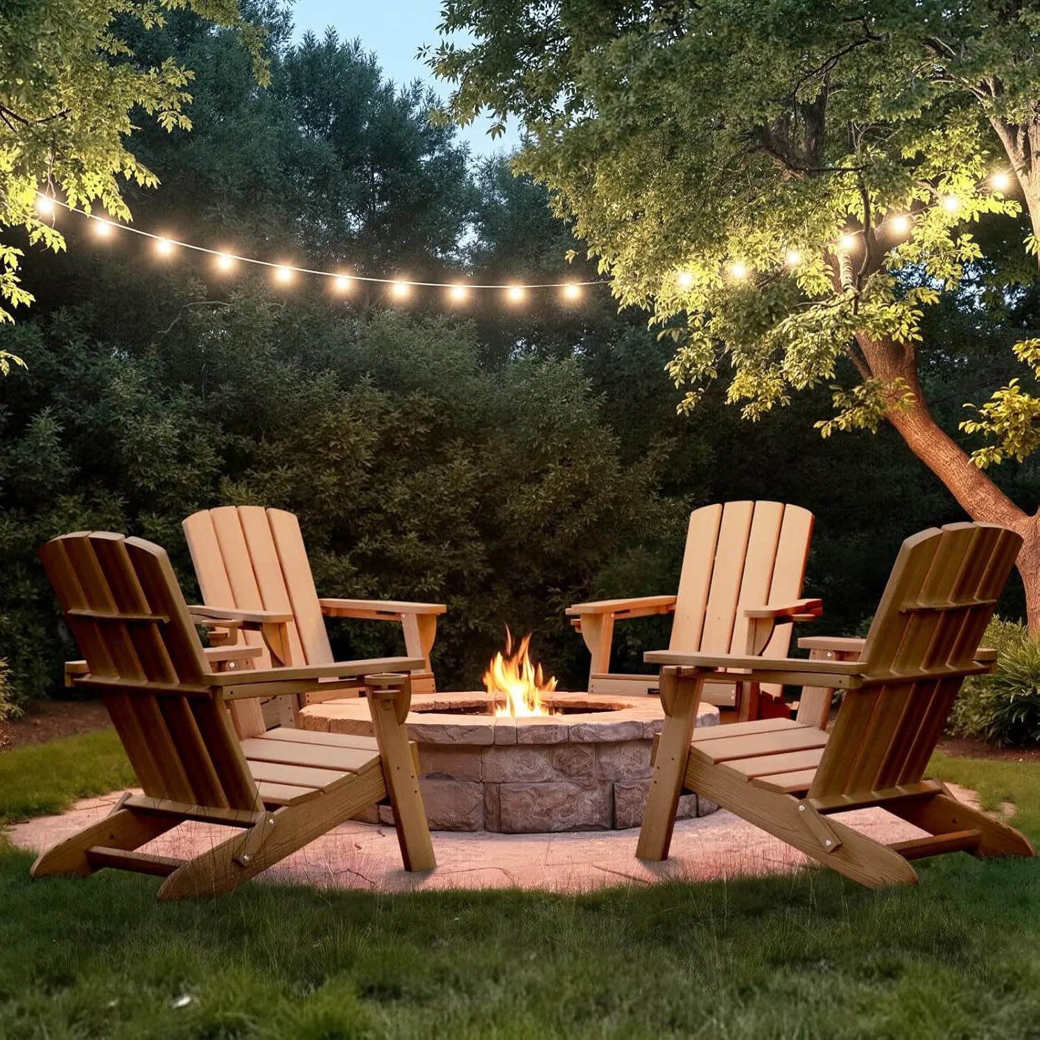 Folding Adirondack Chair with Wood Texture, HDPE All-Weather Fire Pit Chairs, Plastic Adirondack Chairs with 2 Cup Holder, Outdoor Lawn Chair for Patio Garden (Teak)