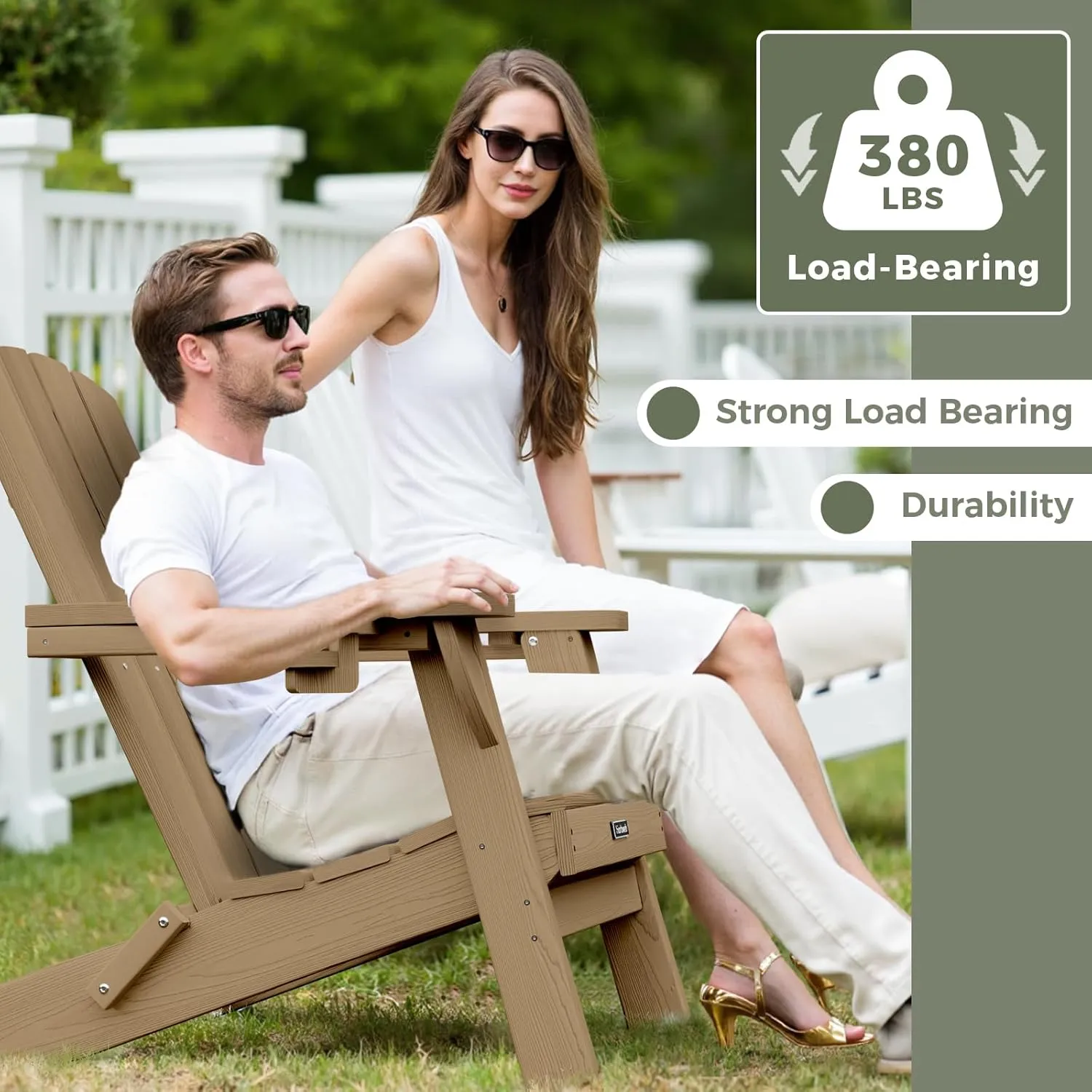 Folding Adirondack Chair with Wood Texture, HDPE All-Weather Fire Pit Chairs, Plastic Adirondack Chairs with 2 Cup Holder, Outdoor Lawn Chair for Patio Garden (Teak)