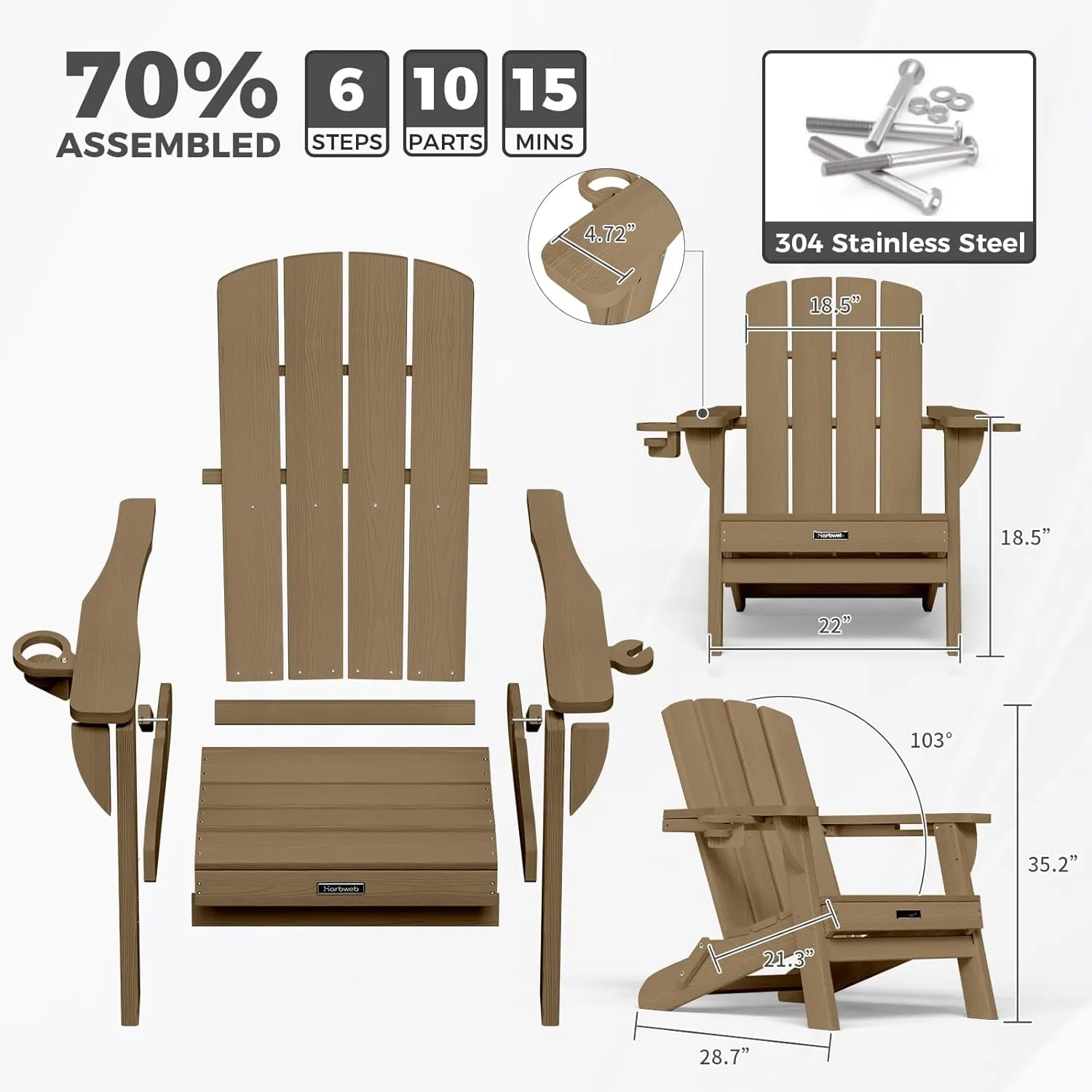 Folding Adirondack Chair with Wood Texture, HDPE All-Weather Fire Pit Chairs, Plastic Adirondack Chairs with 2 Cup Holder, Outdoor Lawn Chair for Patio Garden (Teak)