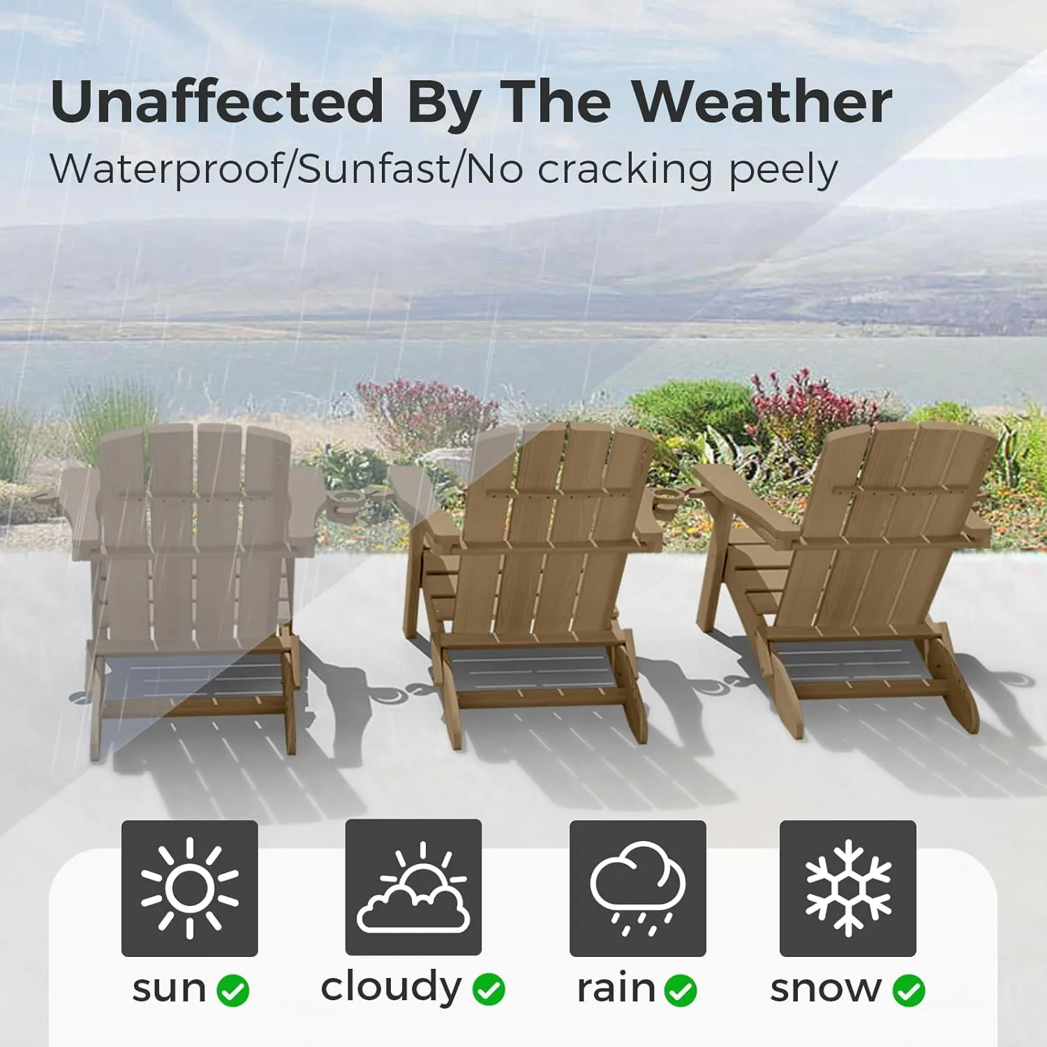 Folding Adirondack Chair with Wood Texture, HDPE All-Weather Fire Pit Chairs, Plastic Adirondack Chairs with 2 Cup Holder, Outdoor Lawn Chair for Patio Garden (Teak)