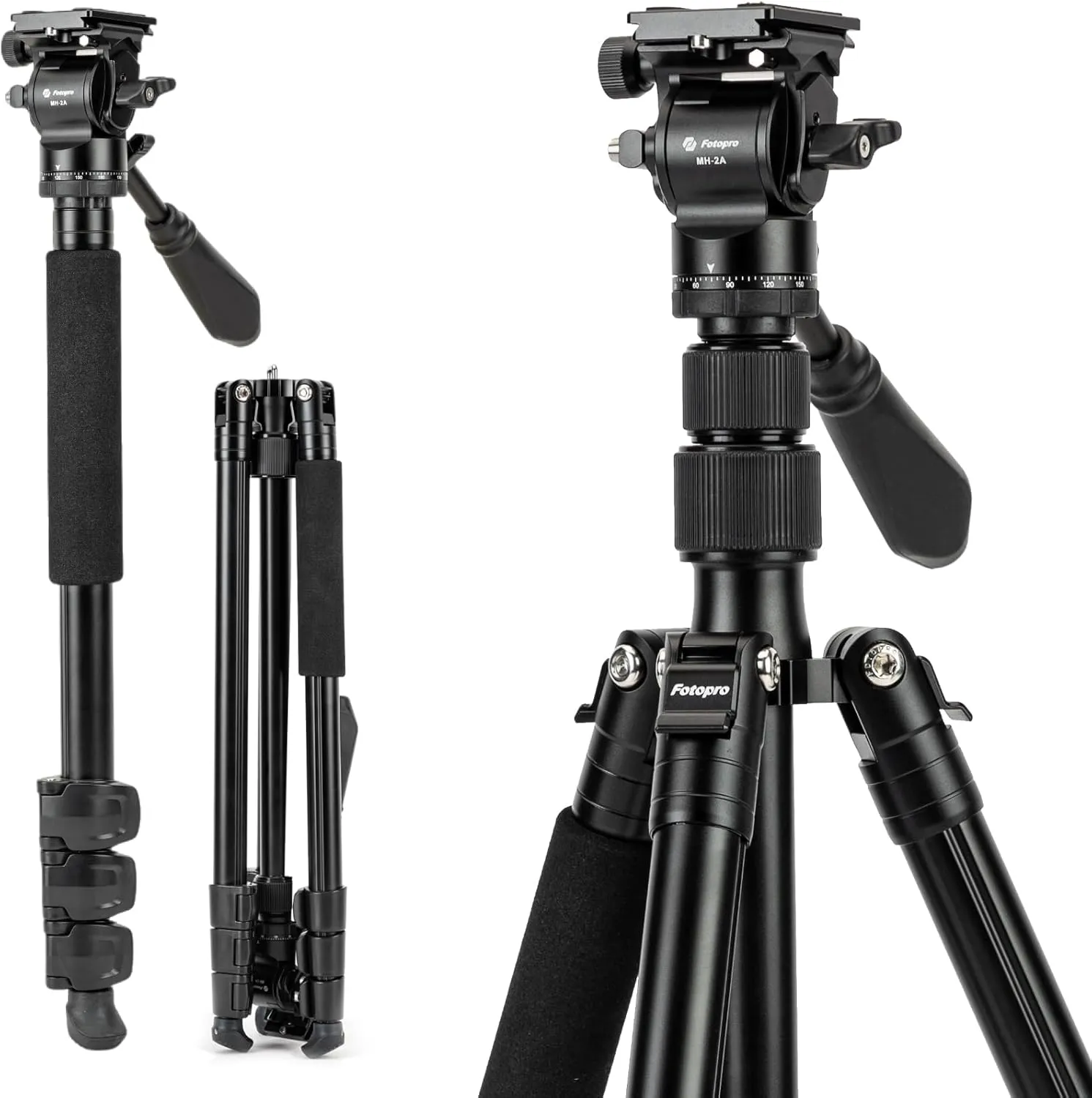 Fotopro 65" Camera Tripod, Compact Compact Video Tripod with Fluid Head Quick Release Plate, Professional Travel Tripods with Detachable Monopod, Load up 6.6lbs