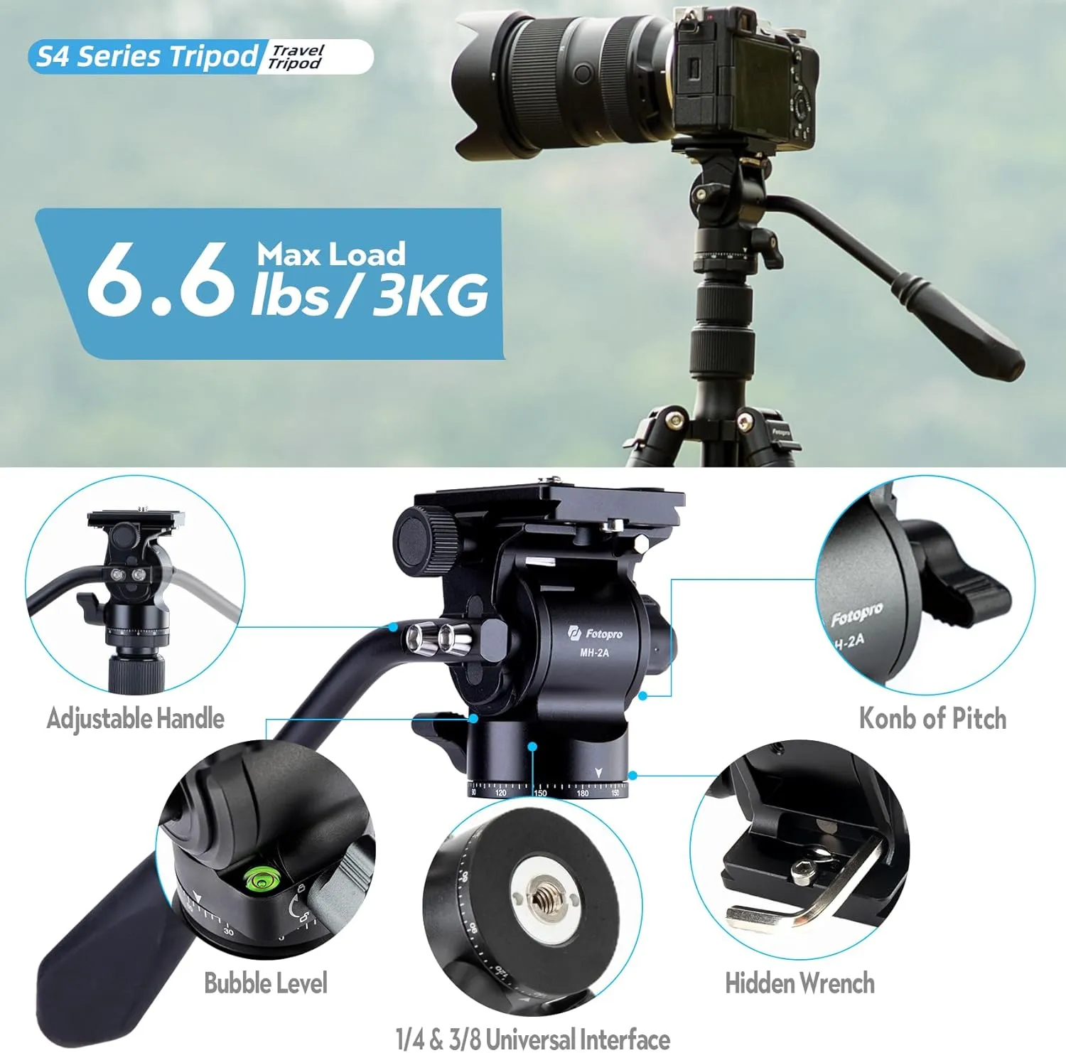 Fotopro 65" Camera Tripod, Compact Compact Video Tripod with Fluid Head Quick Release Plate, Professional Travel Tripods with Detachable Monopod, Load up 6.6lbs