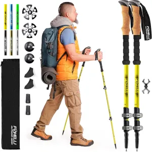 Foxelli Trekking Poles – Lightweight Collapsible Aircraft Grade Aluminum Hiking Poles with Cork Grips Quick Locks & All-Terrain Accessories – Pair of 2