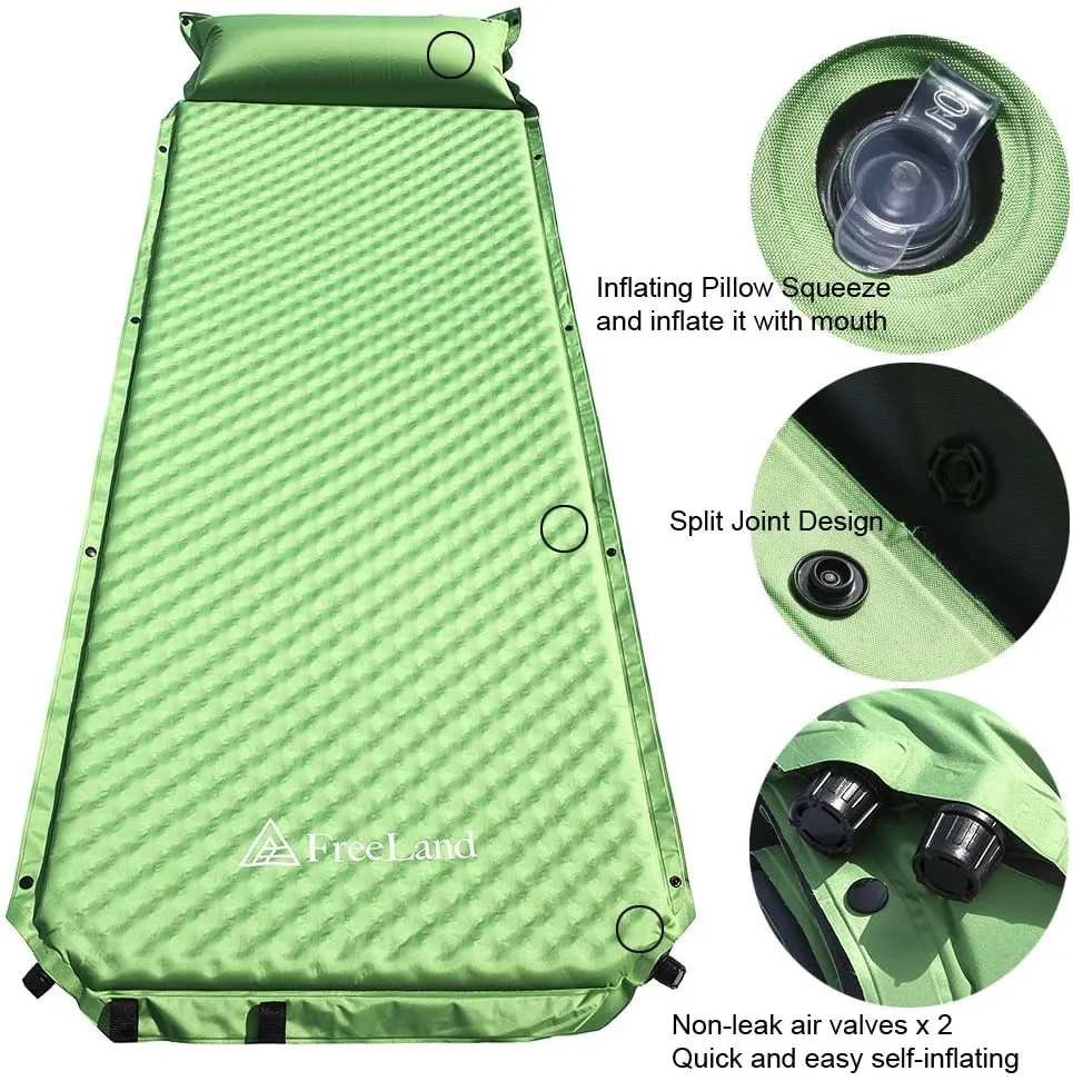 FreeLand Camping Sleeping Pad Self Inflating with Attached Pillow, Lightweight, Large