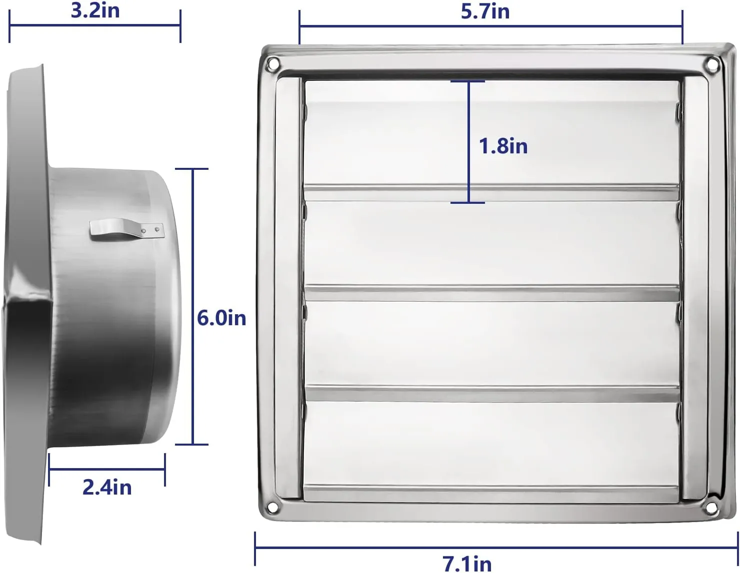 Funmit 6'' Metal Dryer Vent Cover, 7"x7" Outside Dimensions with Metal Mesh Screen, Outdoor Stainless Steel Louvered Vent Cover Includes 4 Screw for Easy Installation