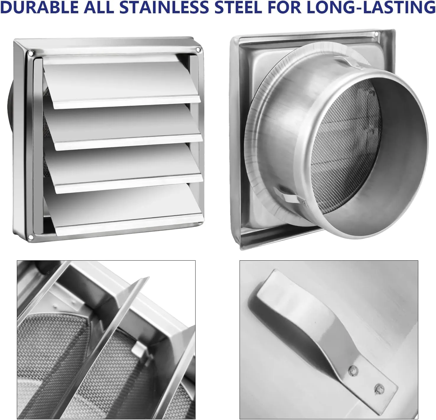 Funmit 6'' Metal Dryer Vent Cover, 7"x7" Outside Dimensions with Metal Mesh Screen, Outdoor Stainless Steel Louvered Vent Cover Includes 4 Screw for Easy Installation